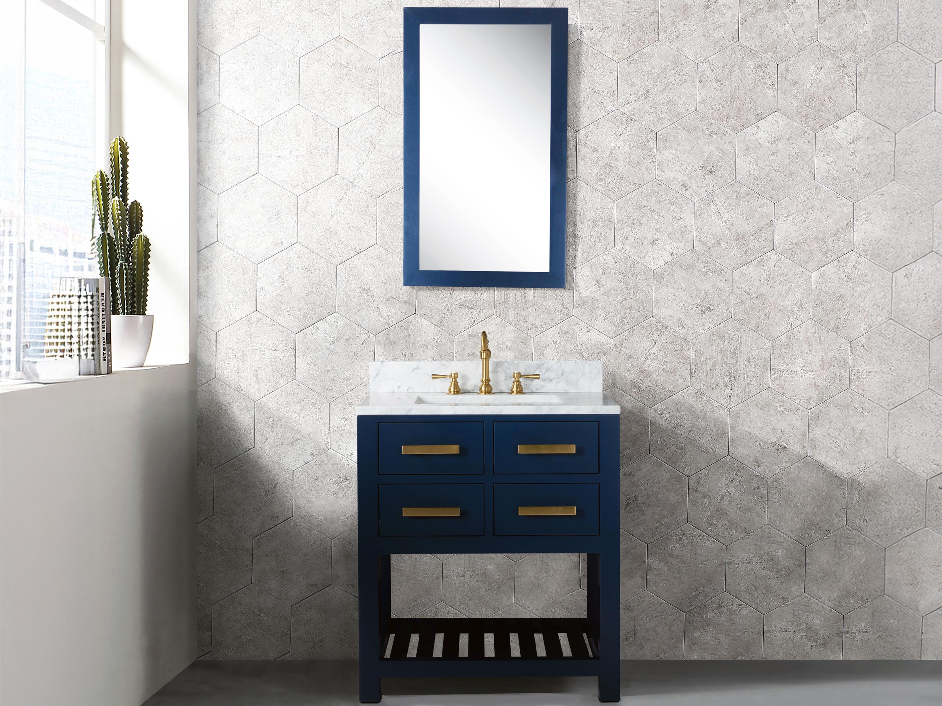 Water Creation Madalyn Single Sink Carrara White Marble Countertop Bath Vanity in Monarch Blue with Satin Gold Hook Faucet and Rectangular Mirror (S)