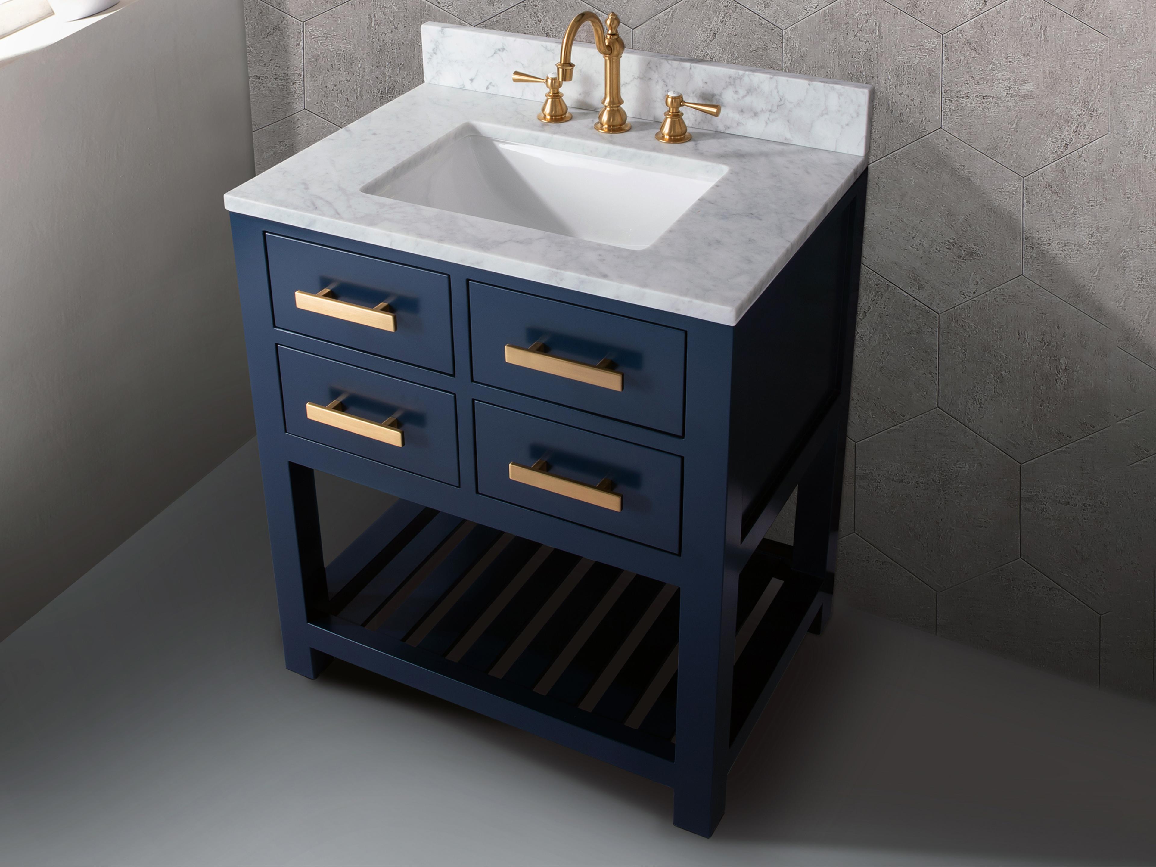 Water Creation Madalyn Single Sink Carrara White Marble Countertop Bath Vanity in Monarch Blue with Satin Gold Hook Faucet and Rectangular Mirror (S)