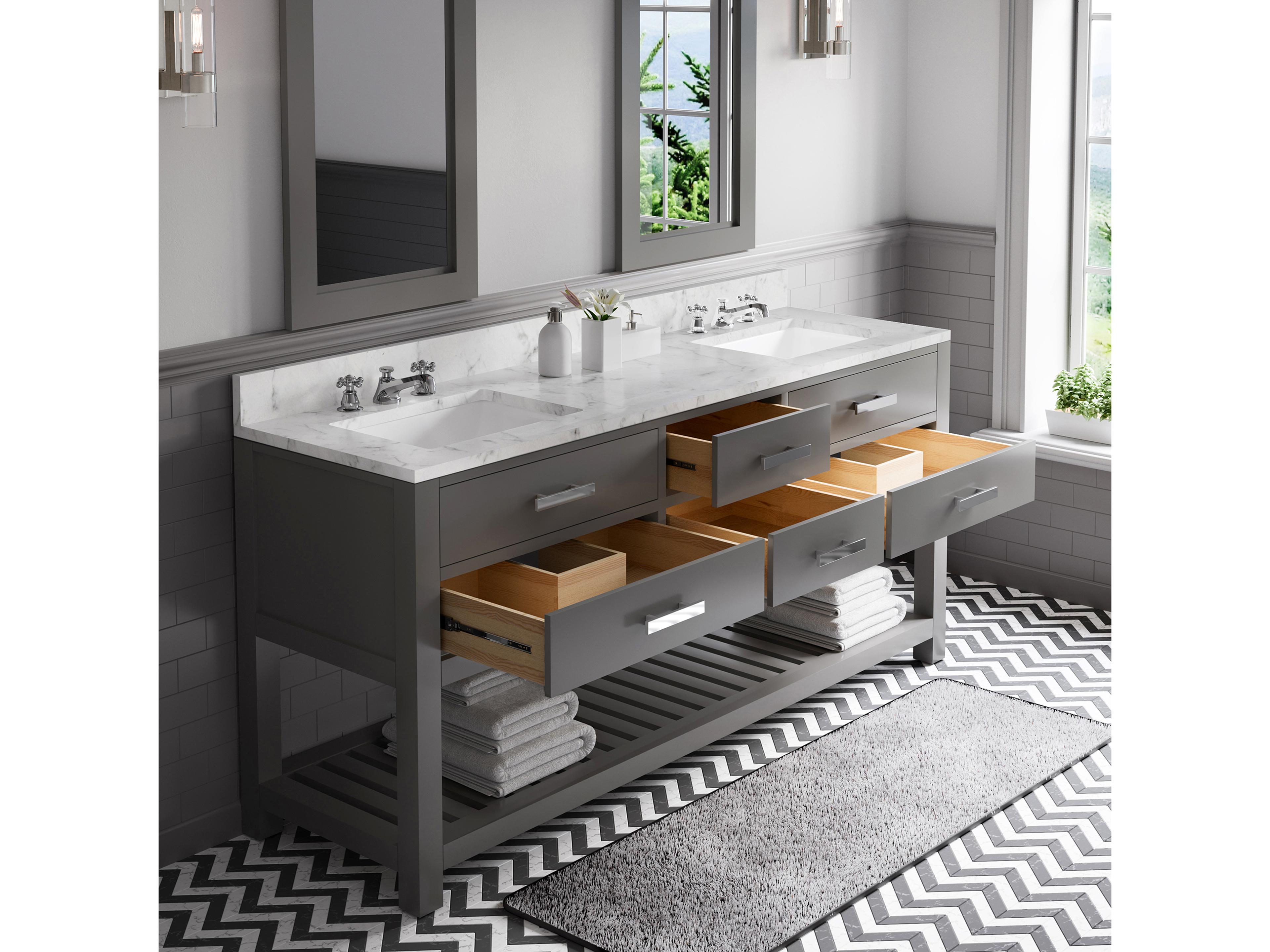 Water Creation Madalyn Double Sink Carrara White Marble Countertop Bath Vanity in Cashmere Grey