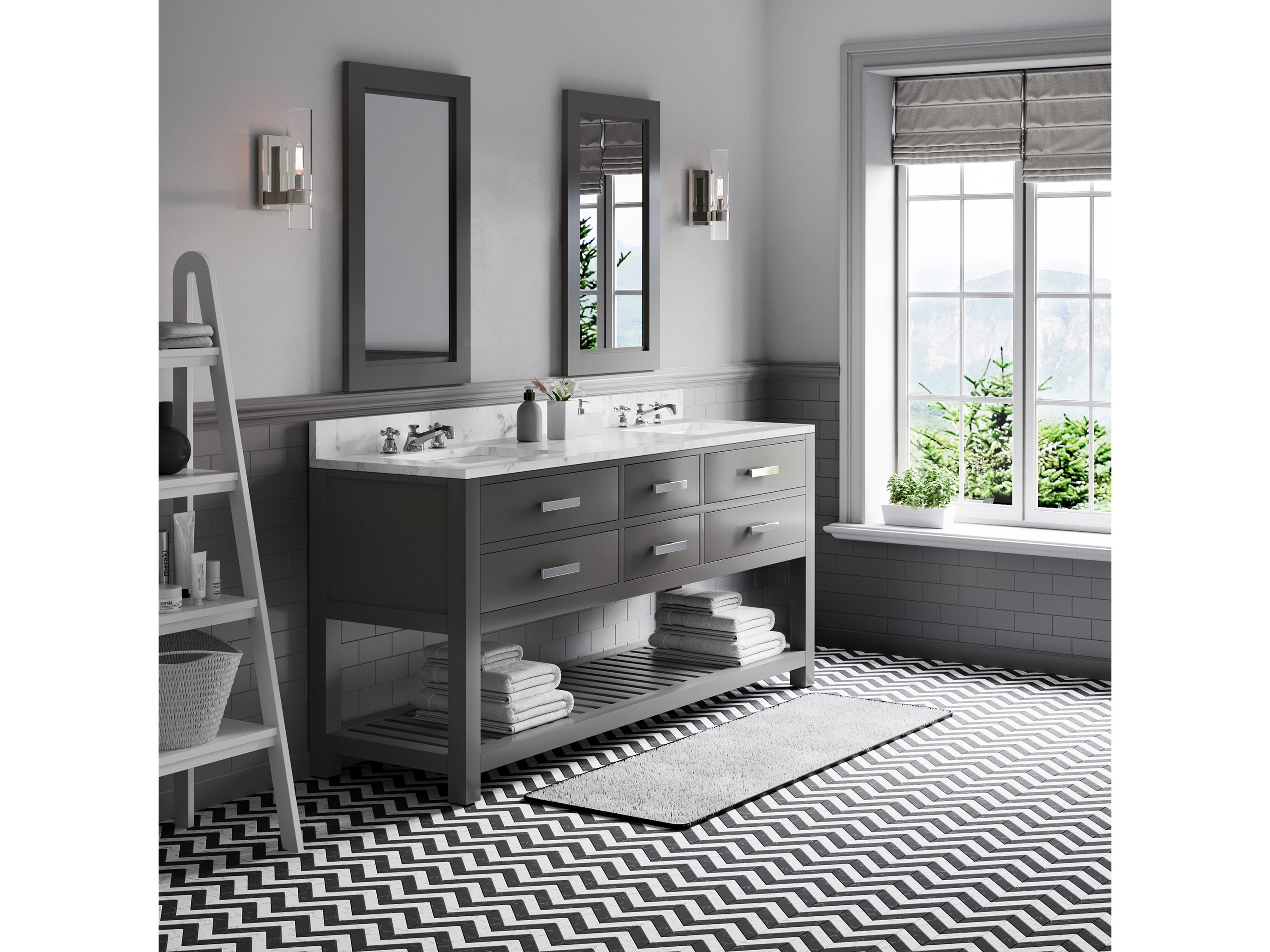 Water Creation Madalyn Double Sink Carrara White Marble Countertop Bath Vanity in Cashmere Grey with Chrome Classic Faucets