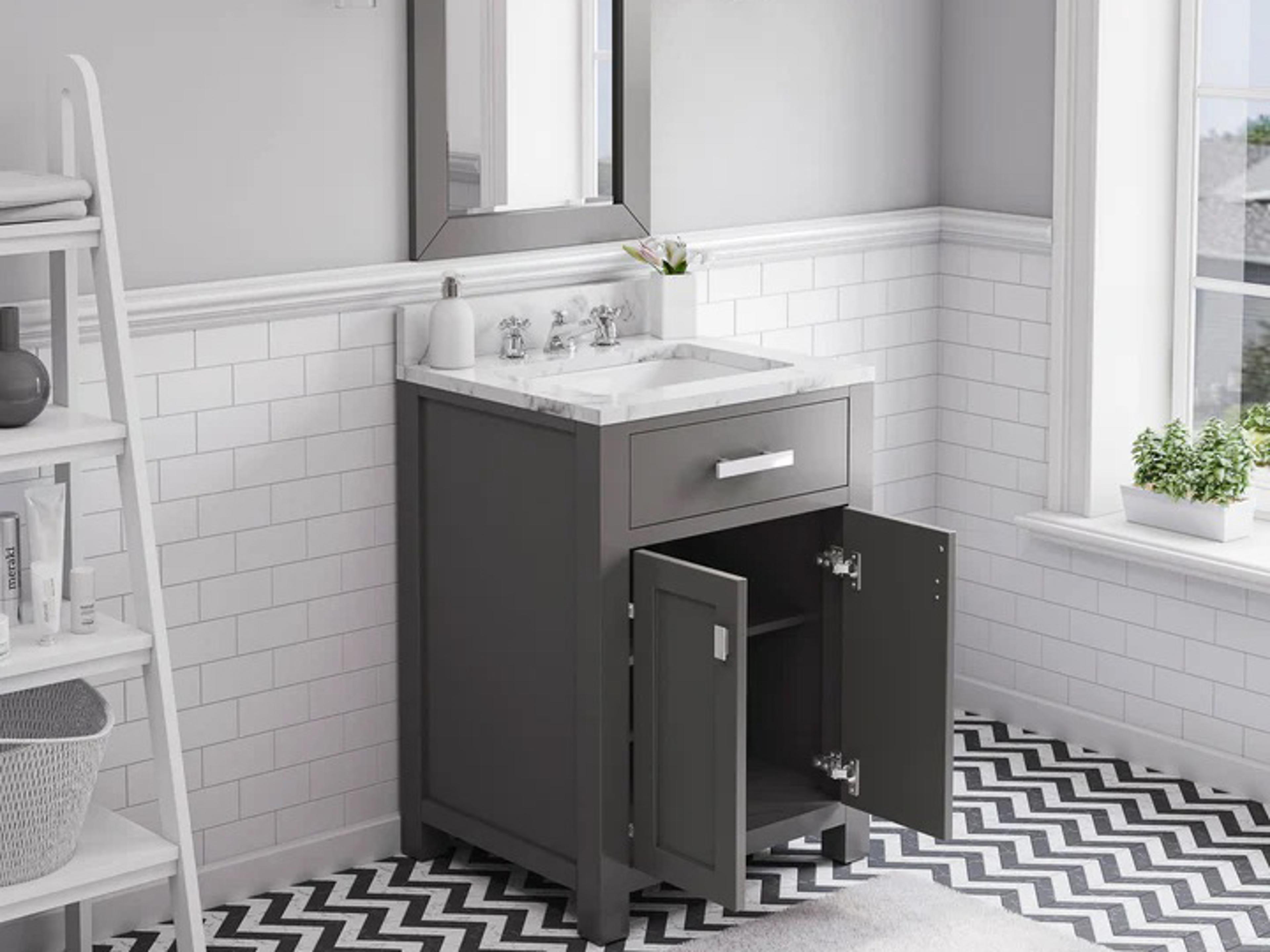 Water Creation Madison Single Sink Carrara White Marble Countertop Bath Vanity in Cashmere Grey with Chrome Hardware and Classic Faucet