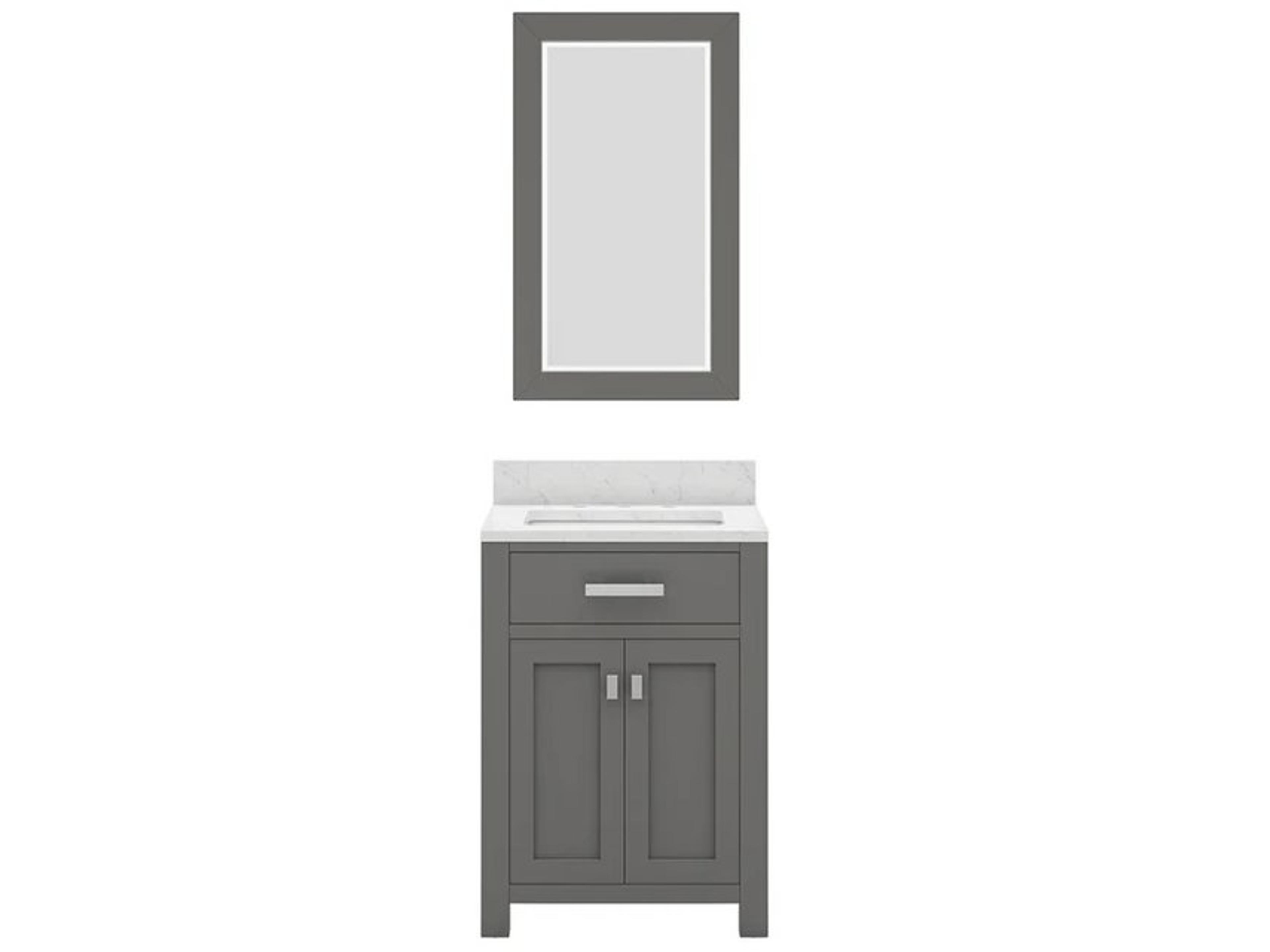 Madison Single Sink Carrara White Marble Countertop Bath Vanity in Cashmere Grey with Chrome Hardware and Rectangular Mirror (S)