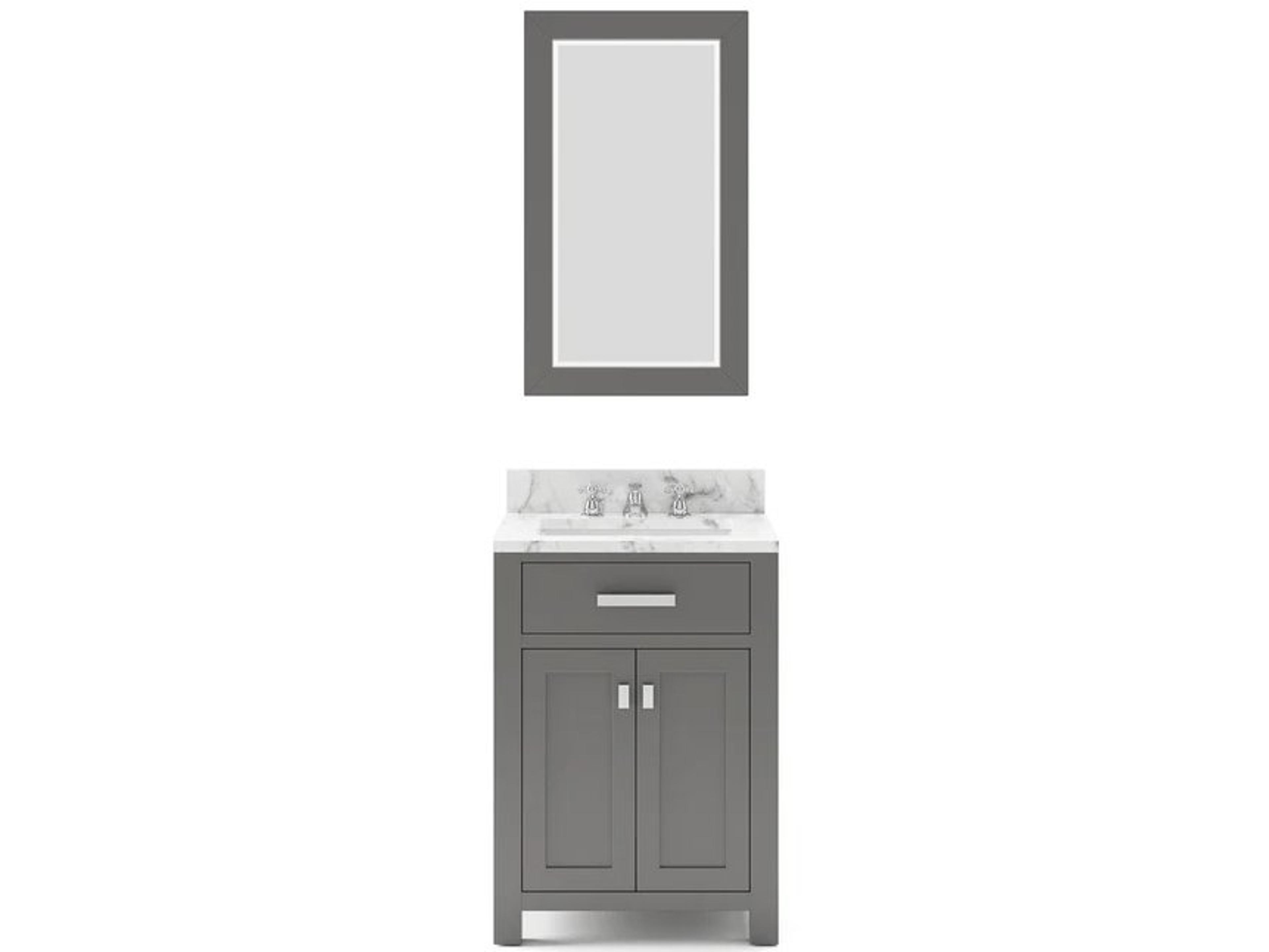 Water Creation Madison Single Sink Carrara White Marble Countertop Bath Vanity in Cashmere Grey with Chrome Hardware, Classic Faucet and Rectangular Mirror (S)