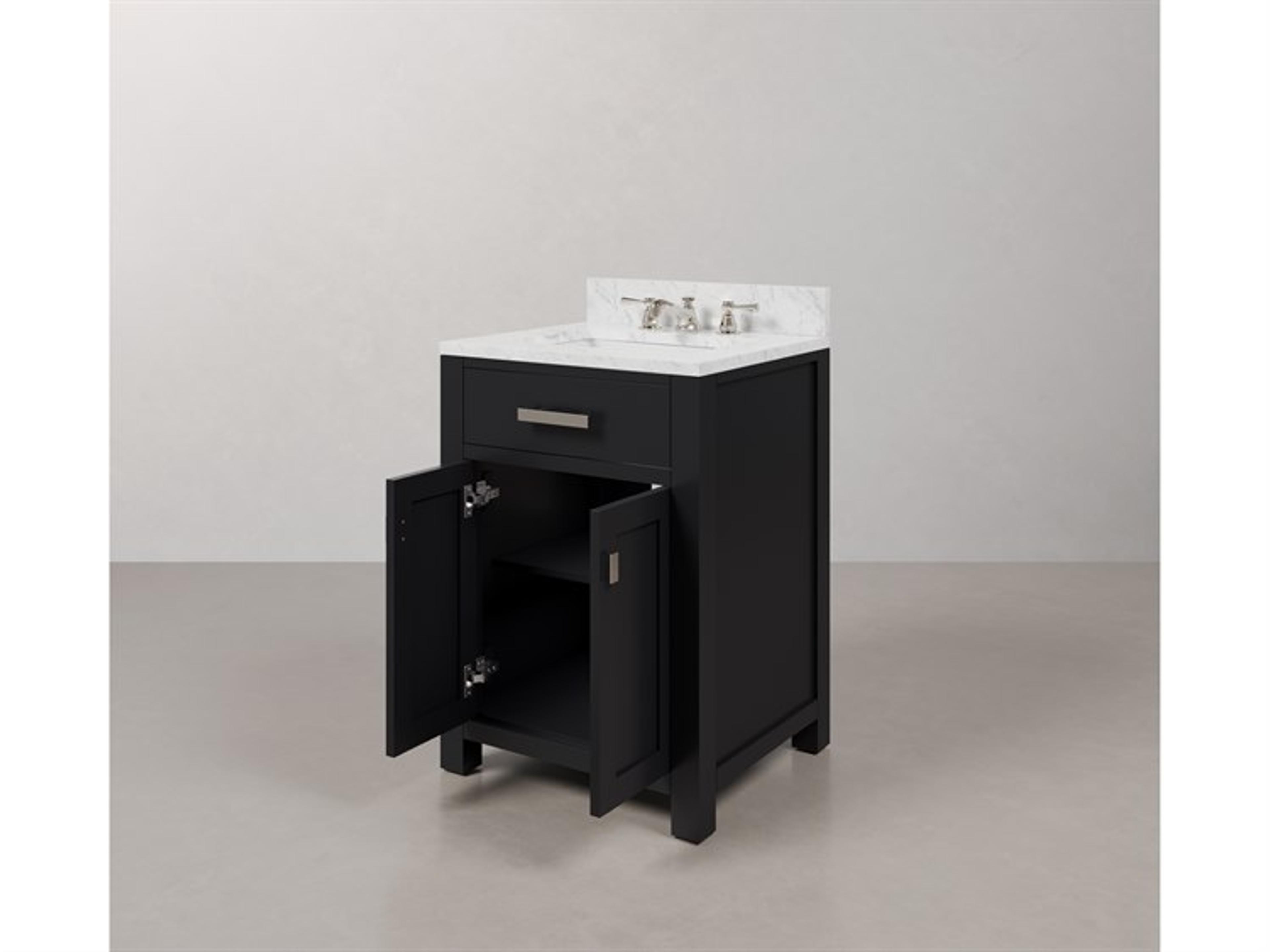 Water Creation Madison Single Sink Carrara White Marble Countertop Bath Vanity in Espresso with Chrome Hardware and Classic Faucet