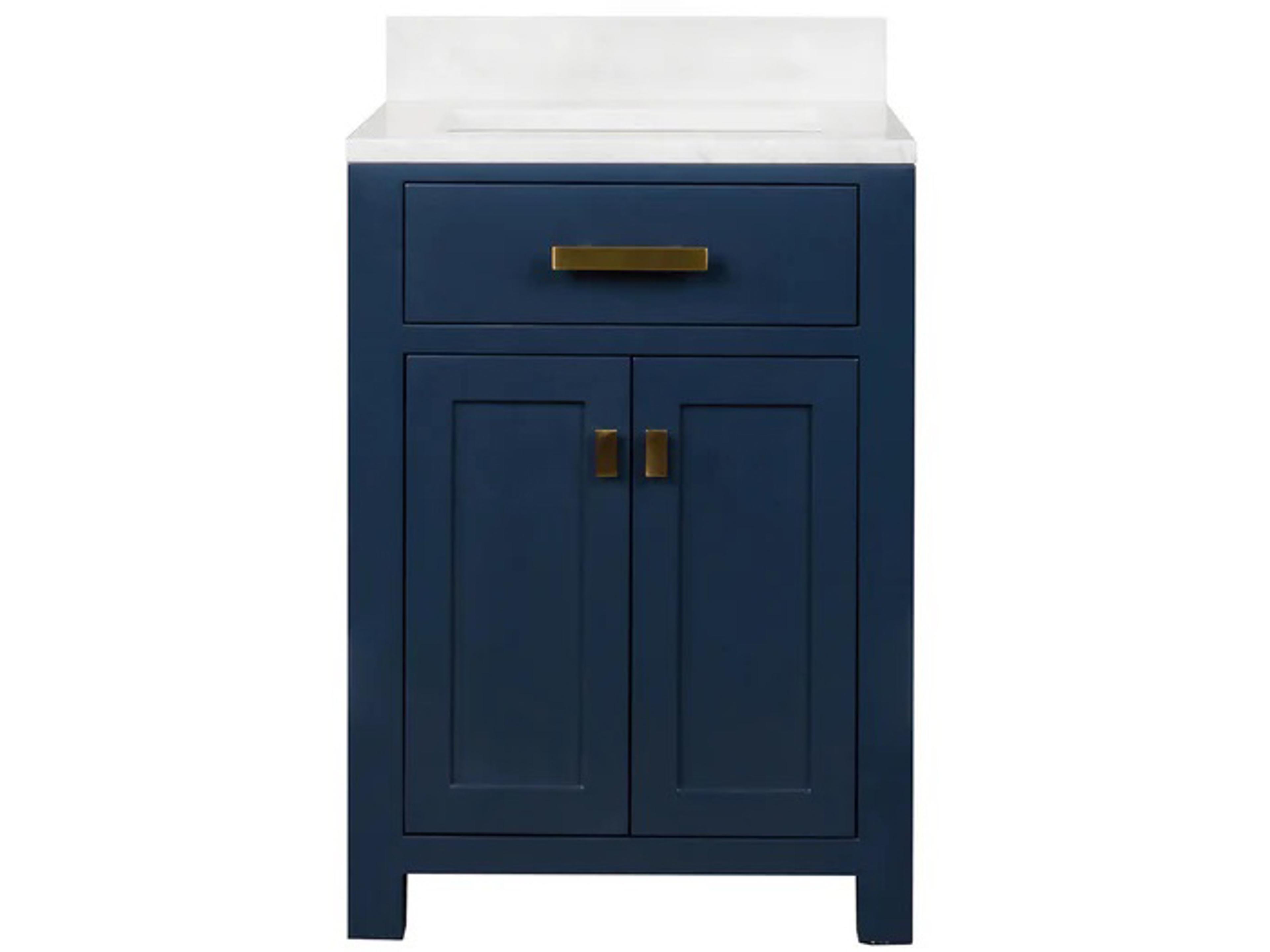 Madison Single Sink Carrara White Marble Countertop Bath Vanity In Monarch Blue with Satin Gold Hardware