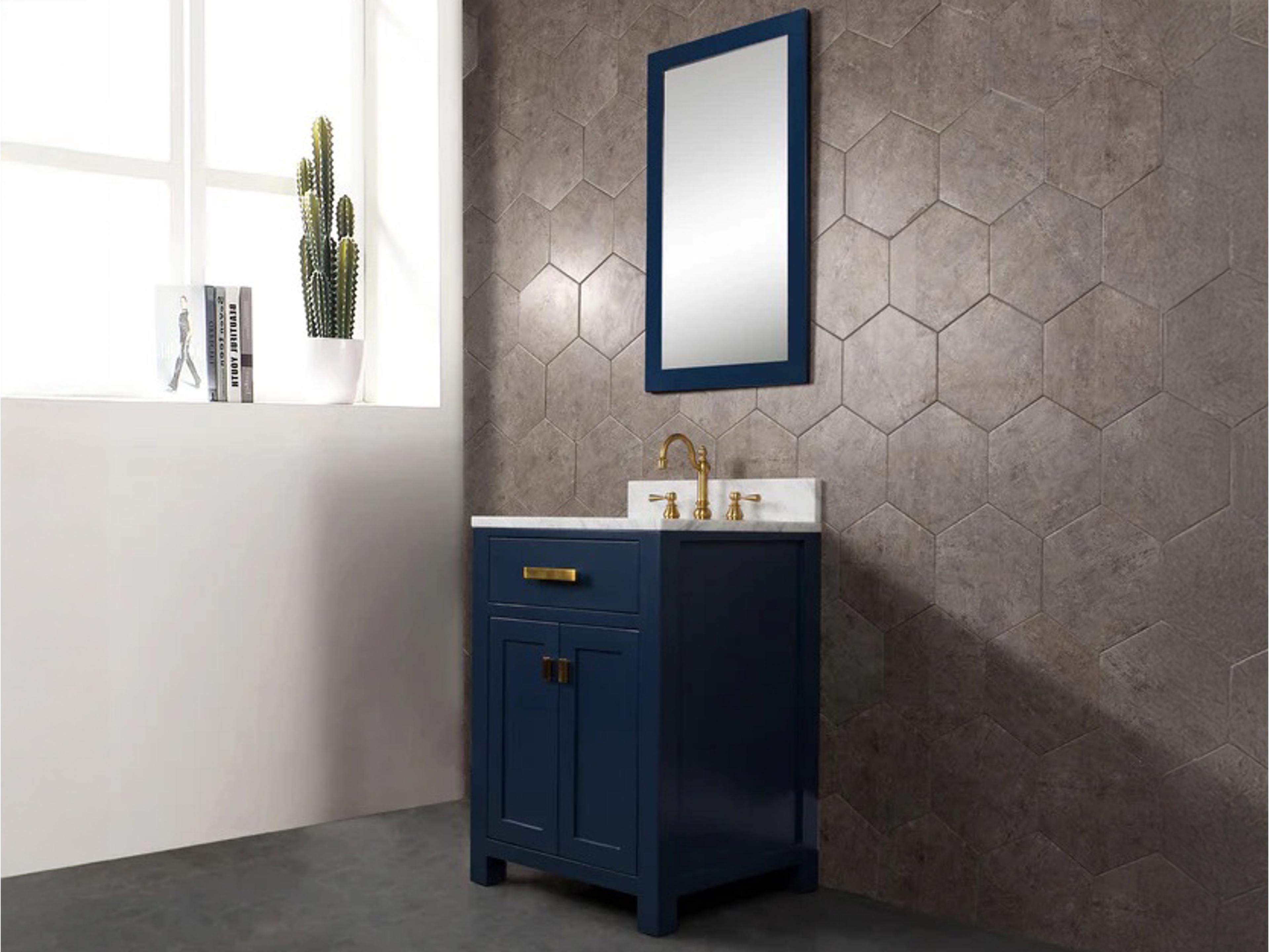 Water Creation Madison Single Sink Carrara White Marble Countertop Bath Vanity In Monarch Blue with Satin Gold Hardware