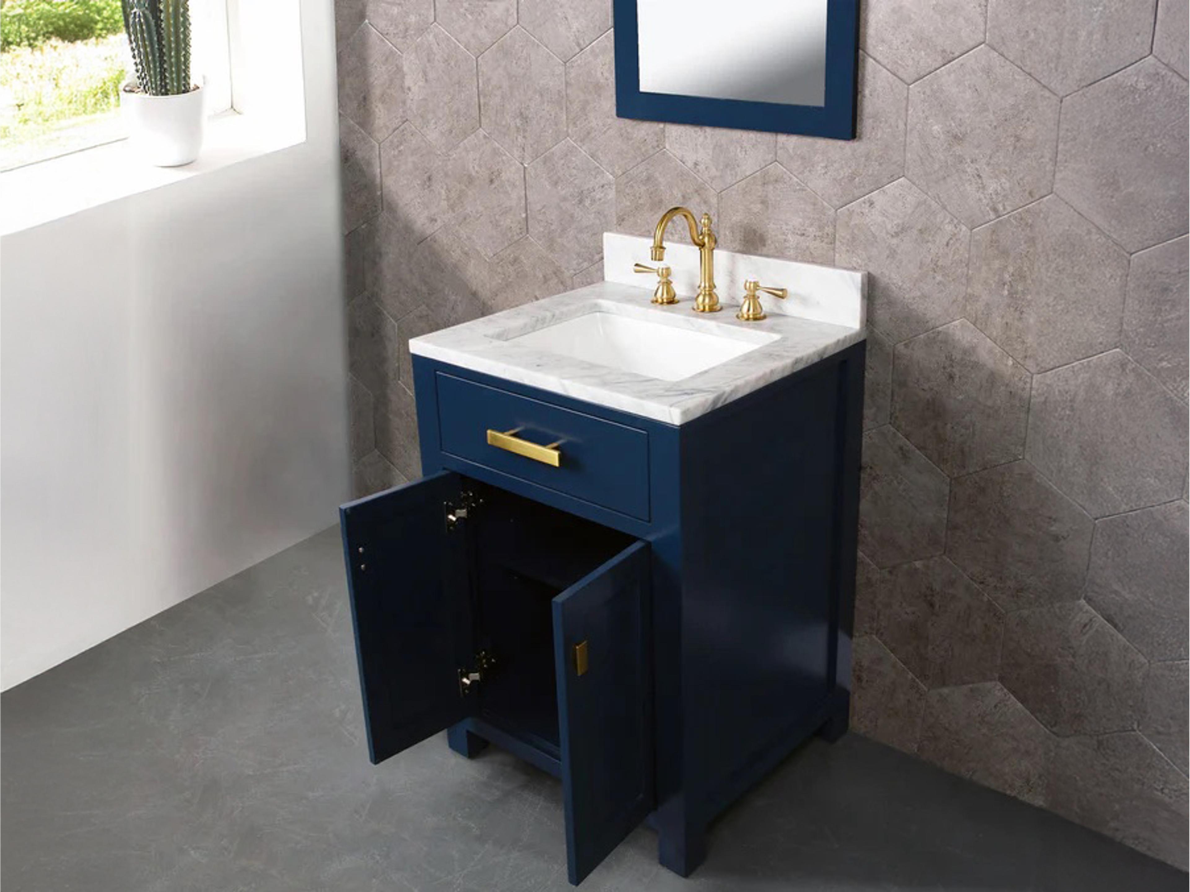 Water Creation Madison Single Sink Carrara White Marble Countertop Bath Vanity In Monarch Blue with Satin Gold Hardware