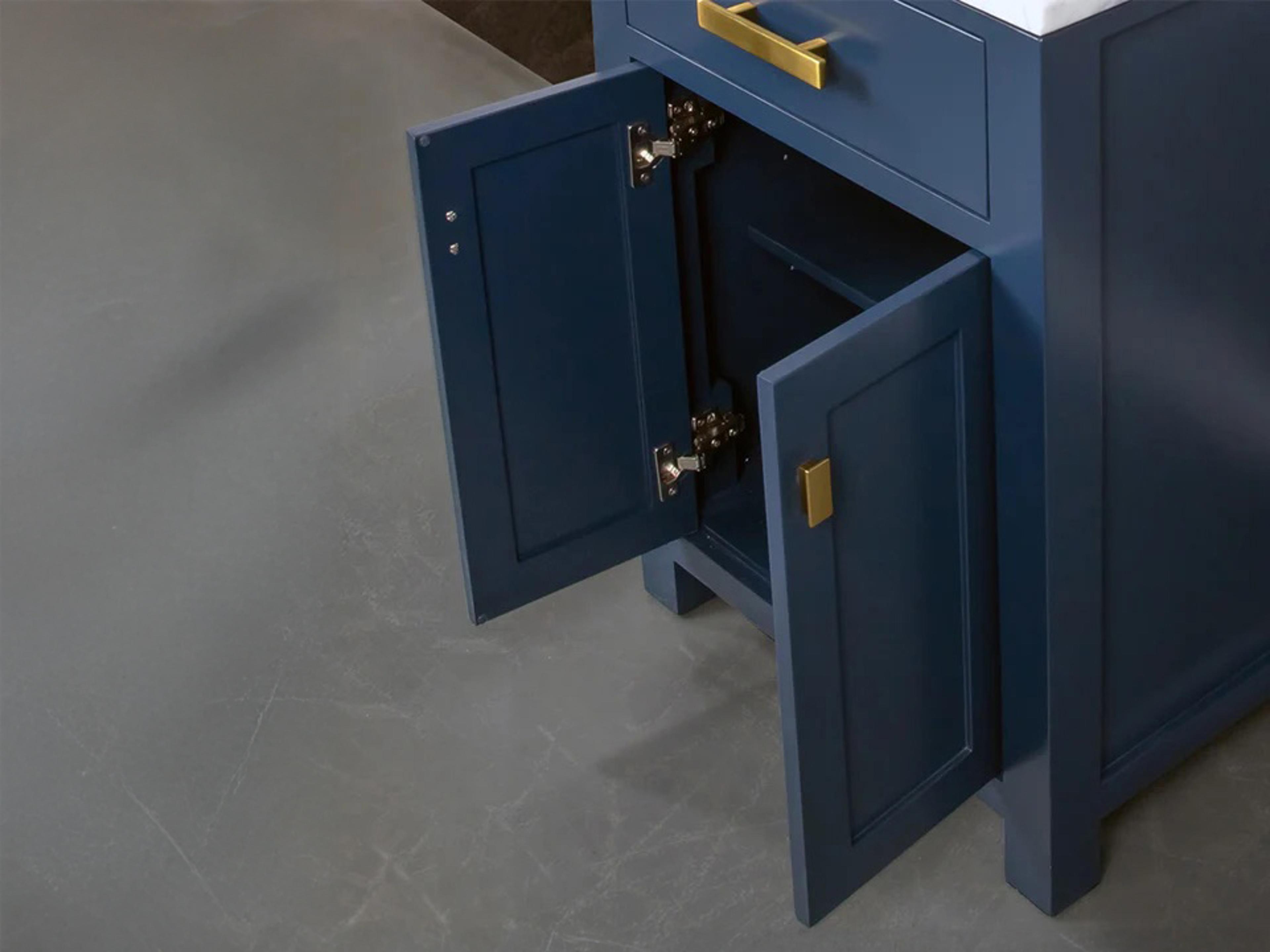 Water Creation Madison Single Sink Carrara White Marble Countertop Bath Vanity In Monarch Blue with Satin Gold Hardware