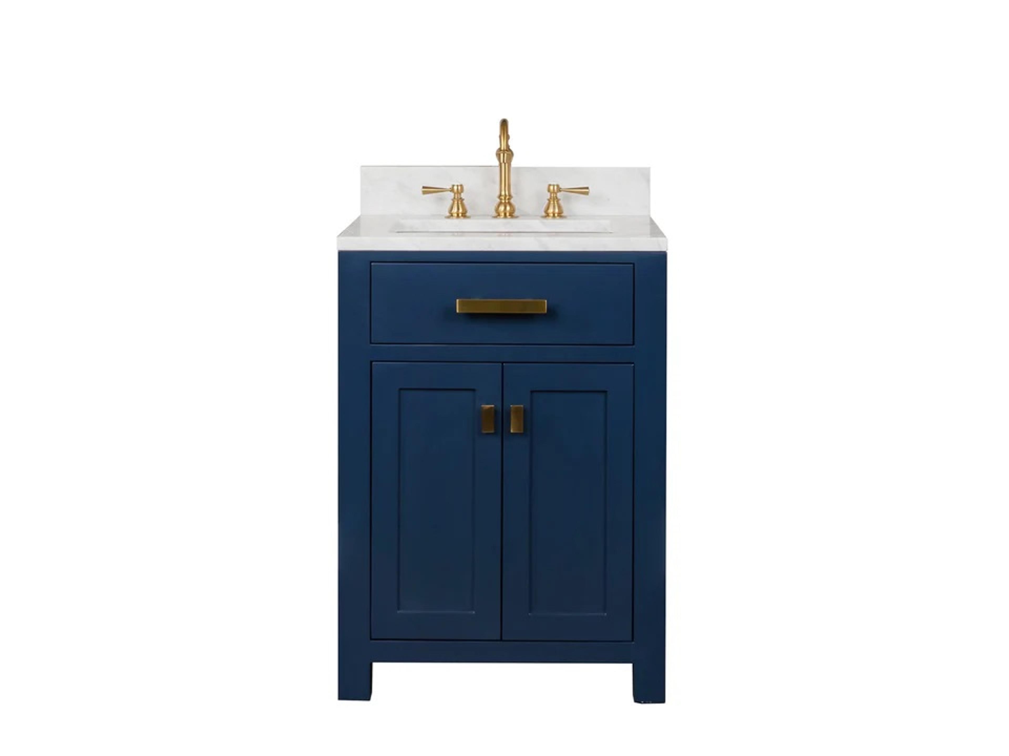 Madison Single Sink Carrara White Marble Countertop Bath Vanity In Monarch Blue with Satin Gold Hardware and Waterfall Faucet