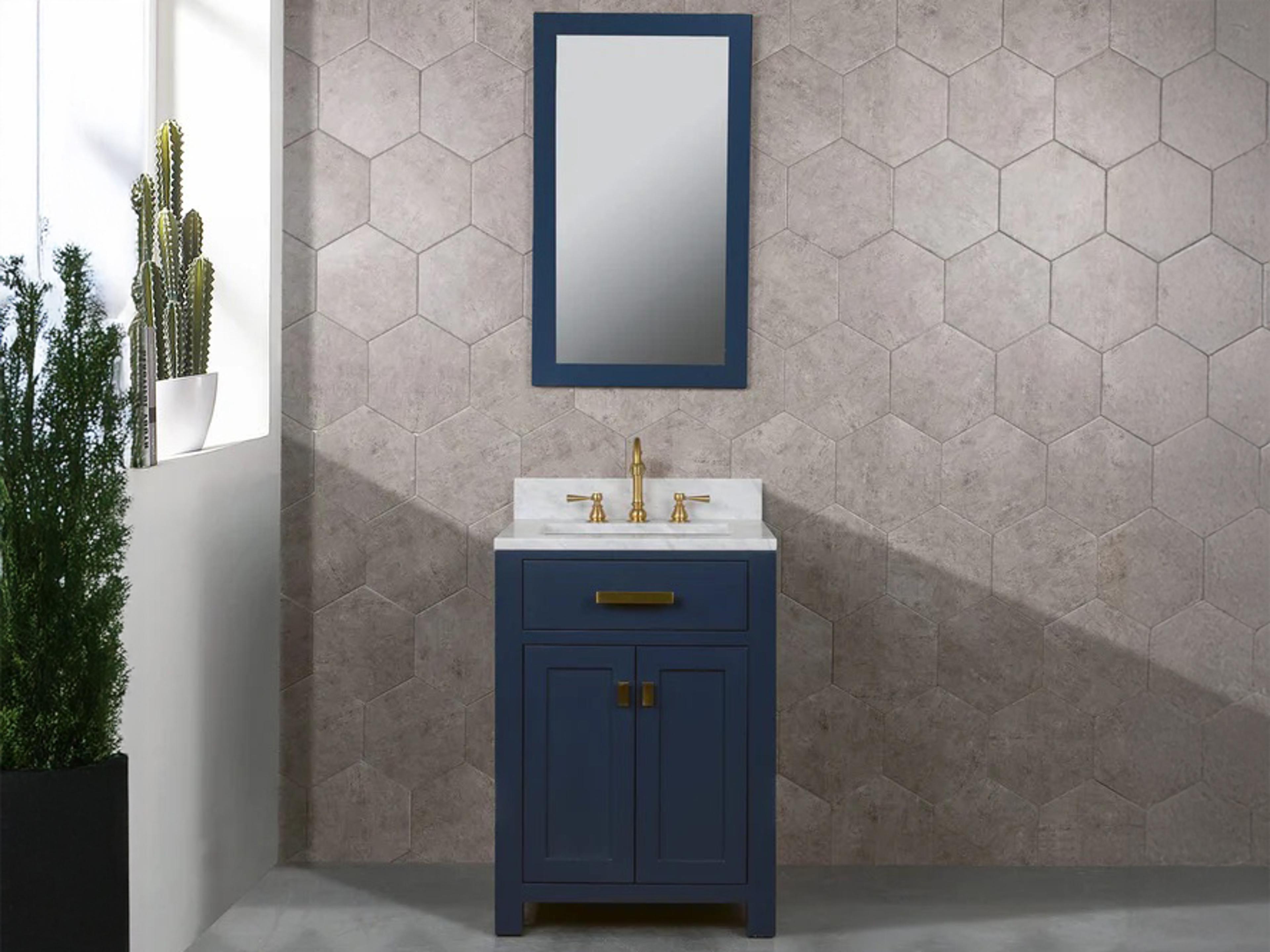 Water Creation Madison Single Sink Carrara White Marble Countertop Bath Vanity In Monarch Blue with Satin Gold Hardware and Waterfall Faucet