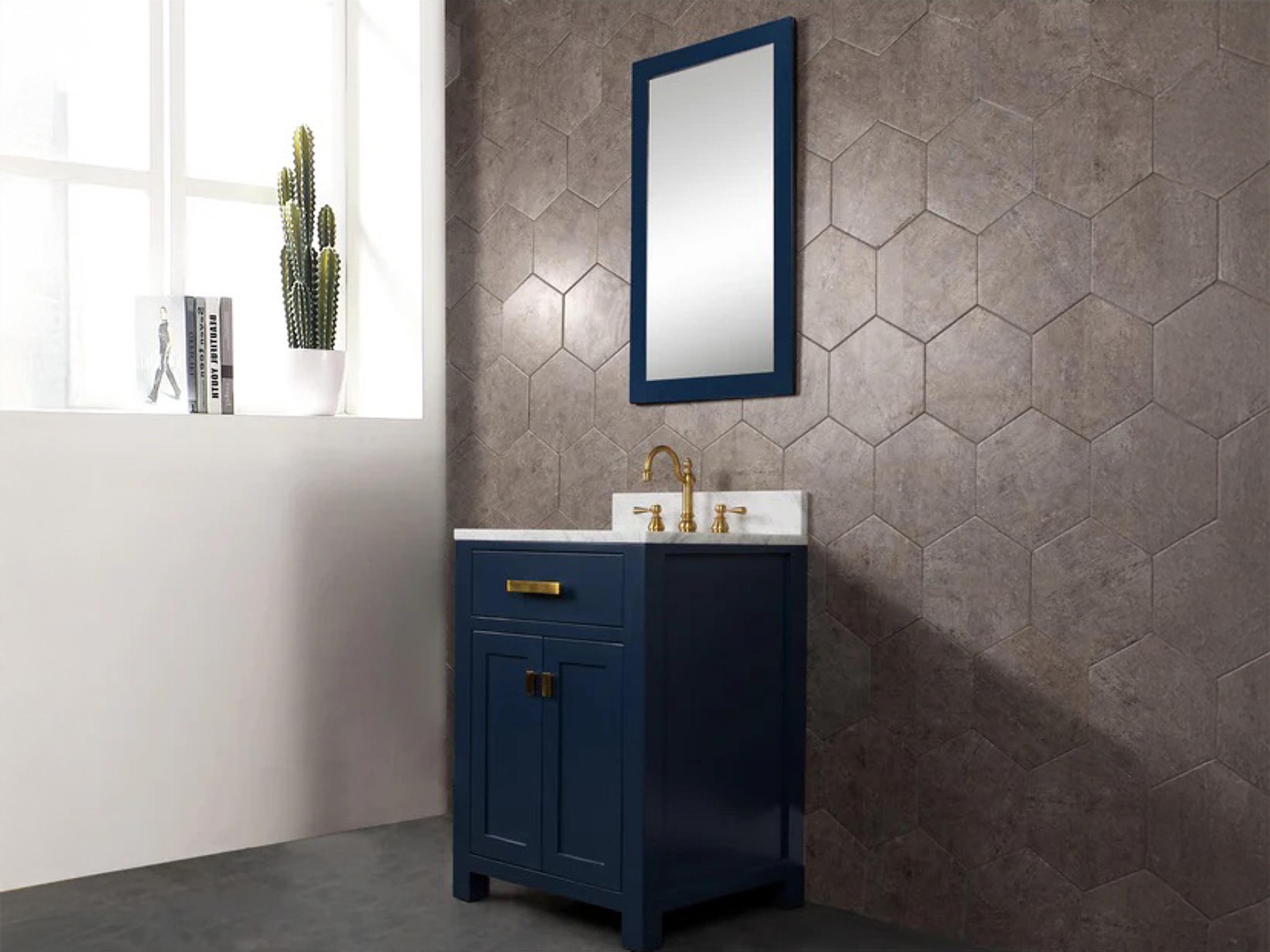 Water Creation Madison Single Sink Carrara White Marble Countertop Bath Vanity In Monarch Blue with Satin Gold Hardware and Waterfall Faucet