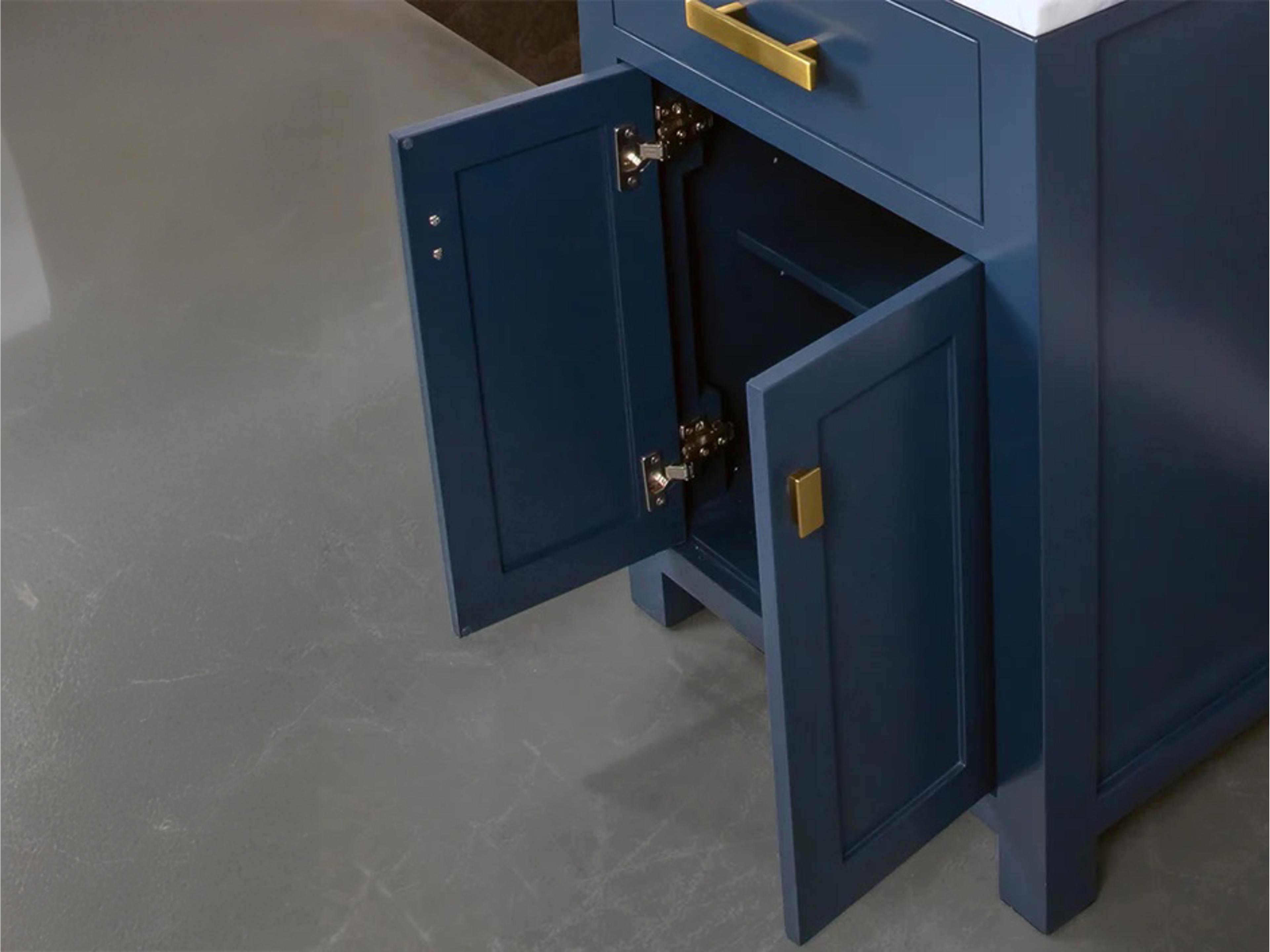 Water Creation Madison Single Sink Carrara White Marble Countertop Bath Vanity In Monarch Blue with Satin Gold Hardware and Waterfall Faucet