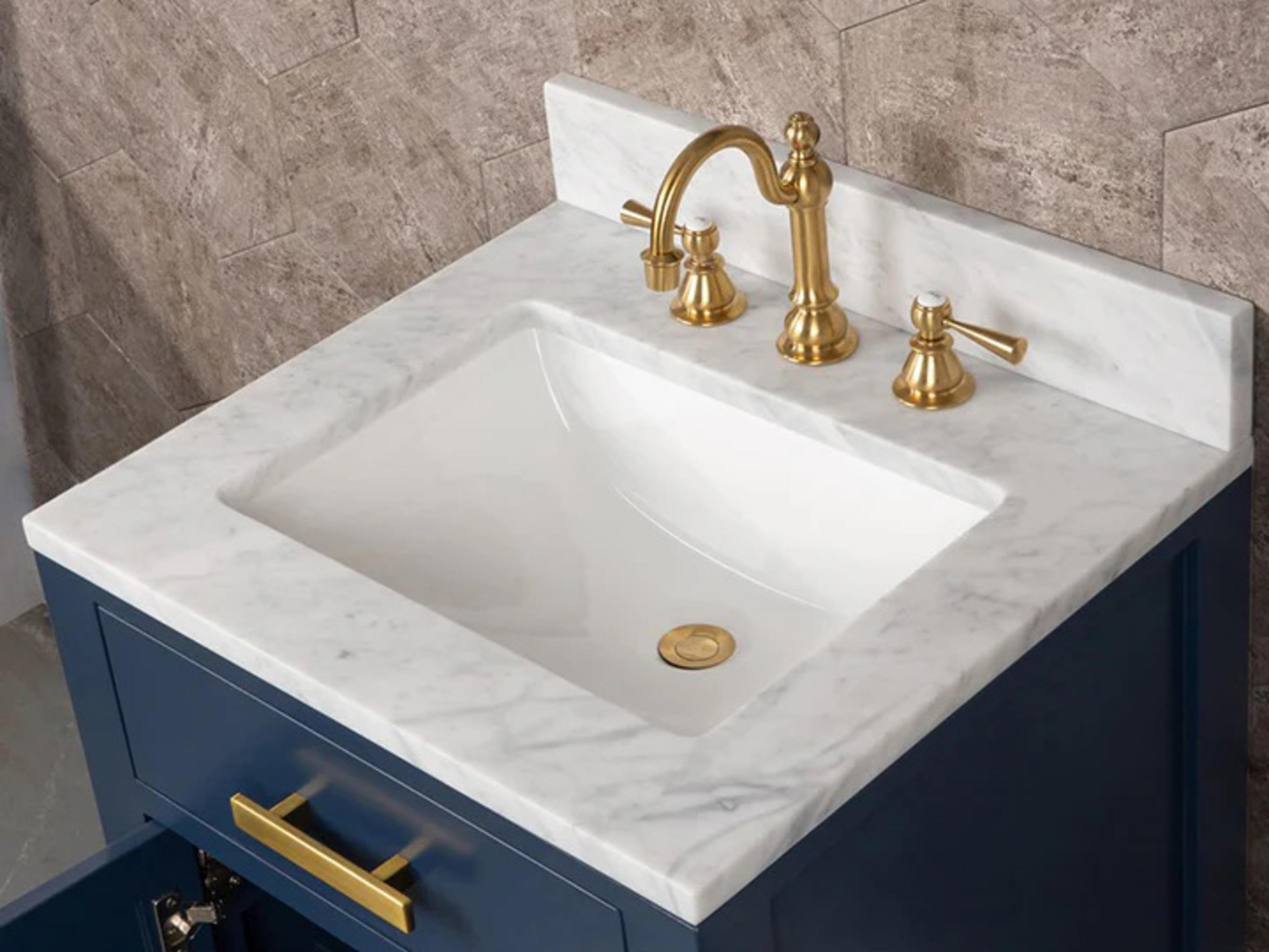 Water Creation Madison Single Sink Carrara White Marble Countertop Bath Vanity In Monarch Blue with Satin Gold Hardware and Waterfall Faucet