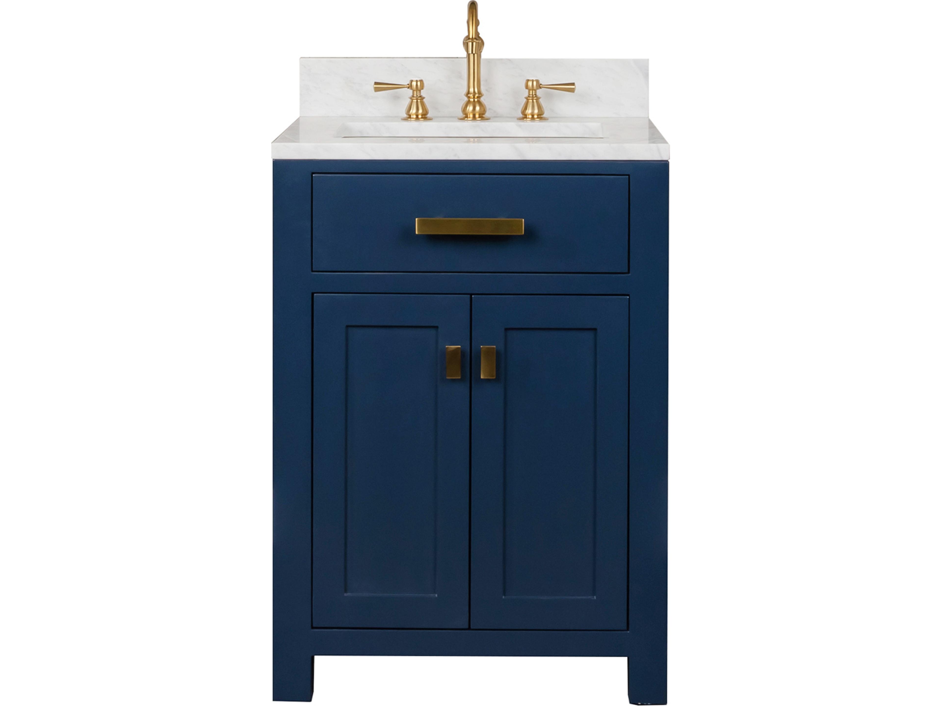 Madison Single Sink Carrara White Marble Countertop Bath Vanity In Monarch Blue with Satin Gold Hardware and Hook Faucet