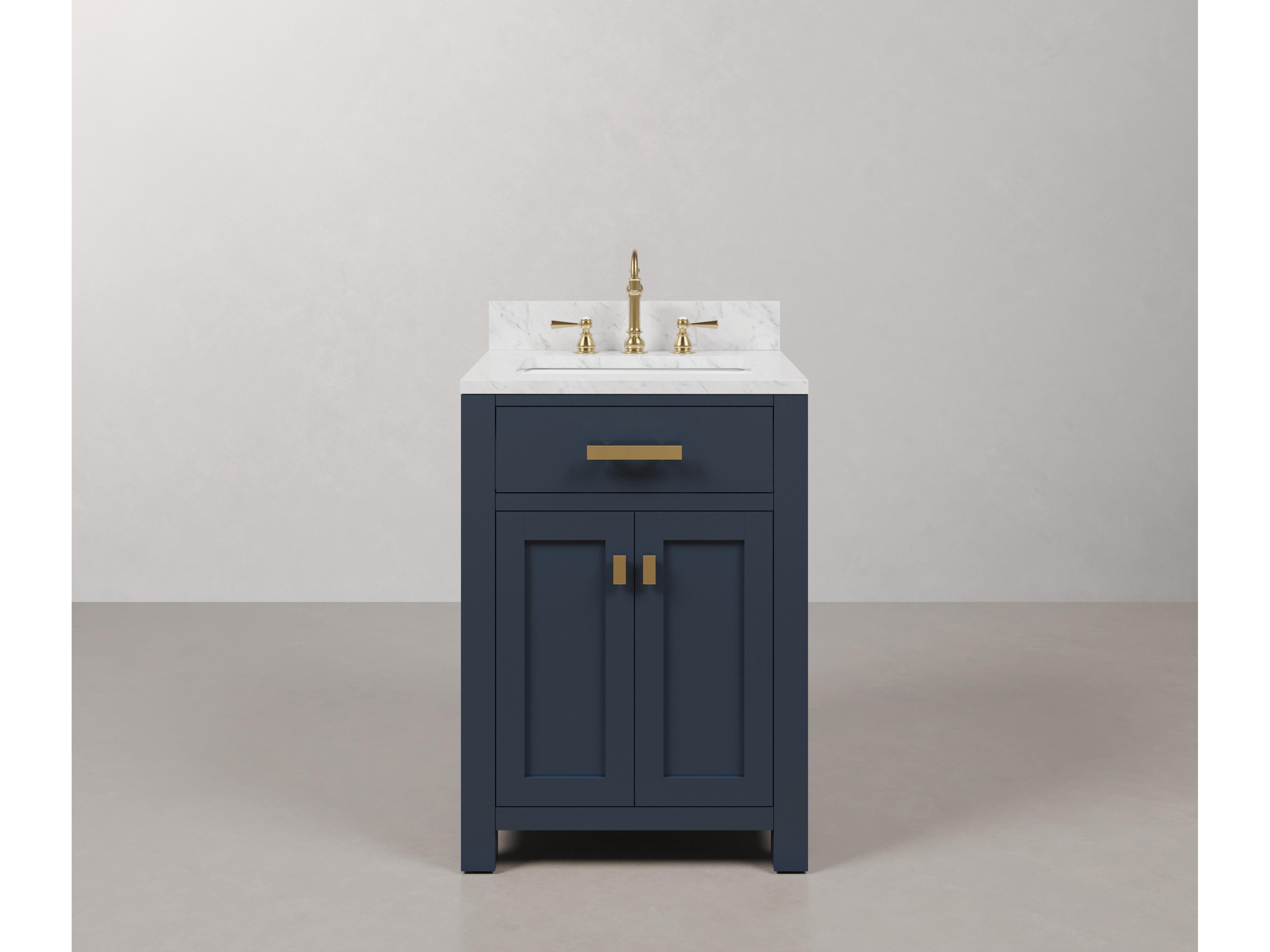 Water Creation Madison Single Sink Carrara White Marble Countertop Bath Vanity In Monarch Blue with Satin Gold Hardware and Hook Faucet