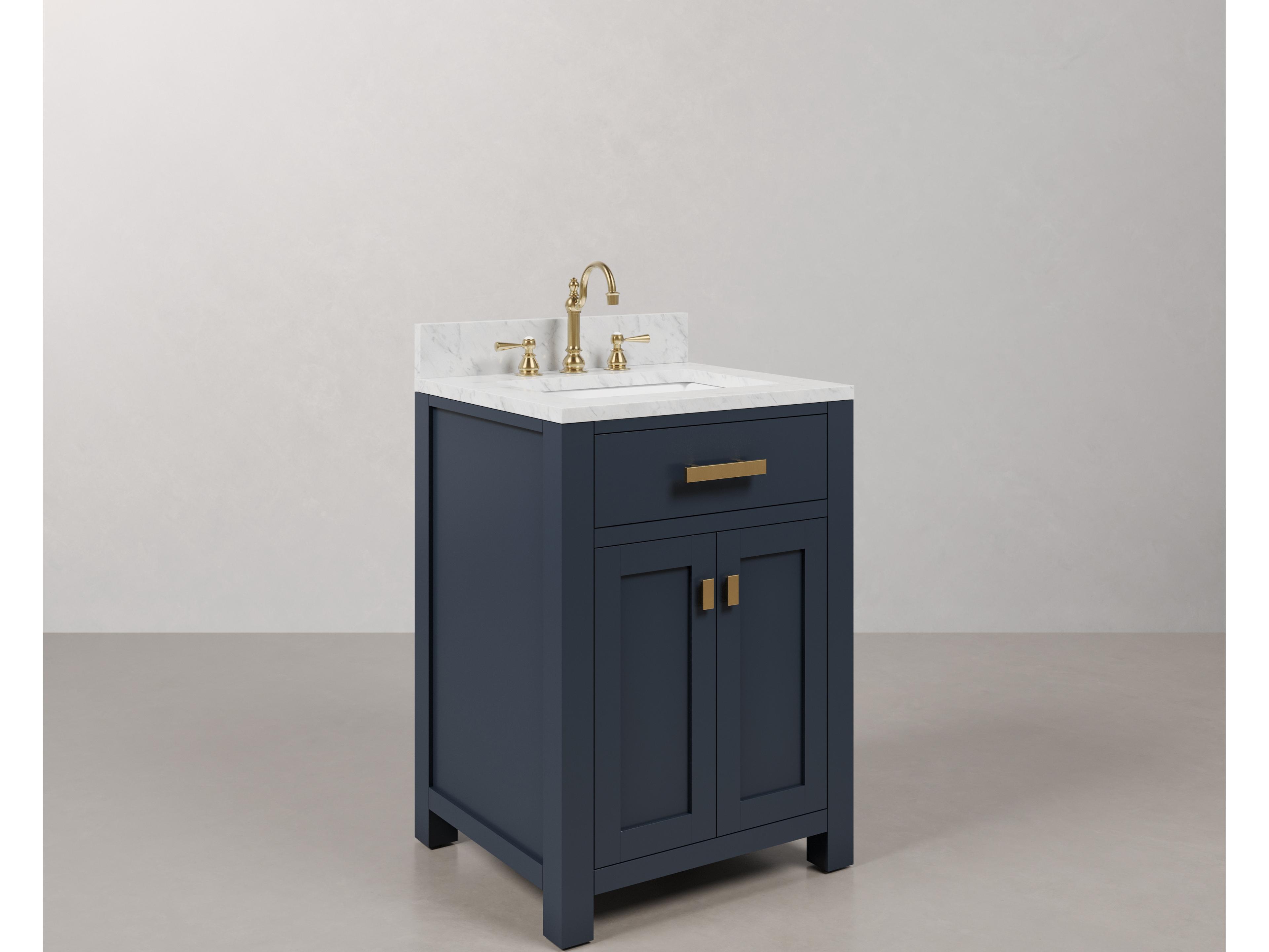 Water Creation Madison Single Sink Carrara White Marble Countertop Bath Vanity In Monarch Blue with Satin Gold Hardware and Hook Faucet