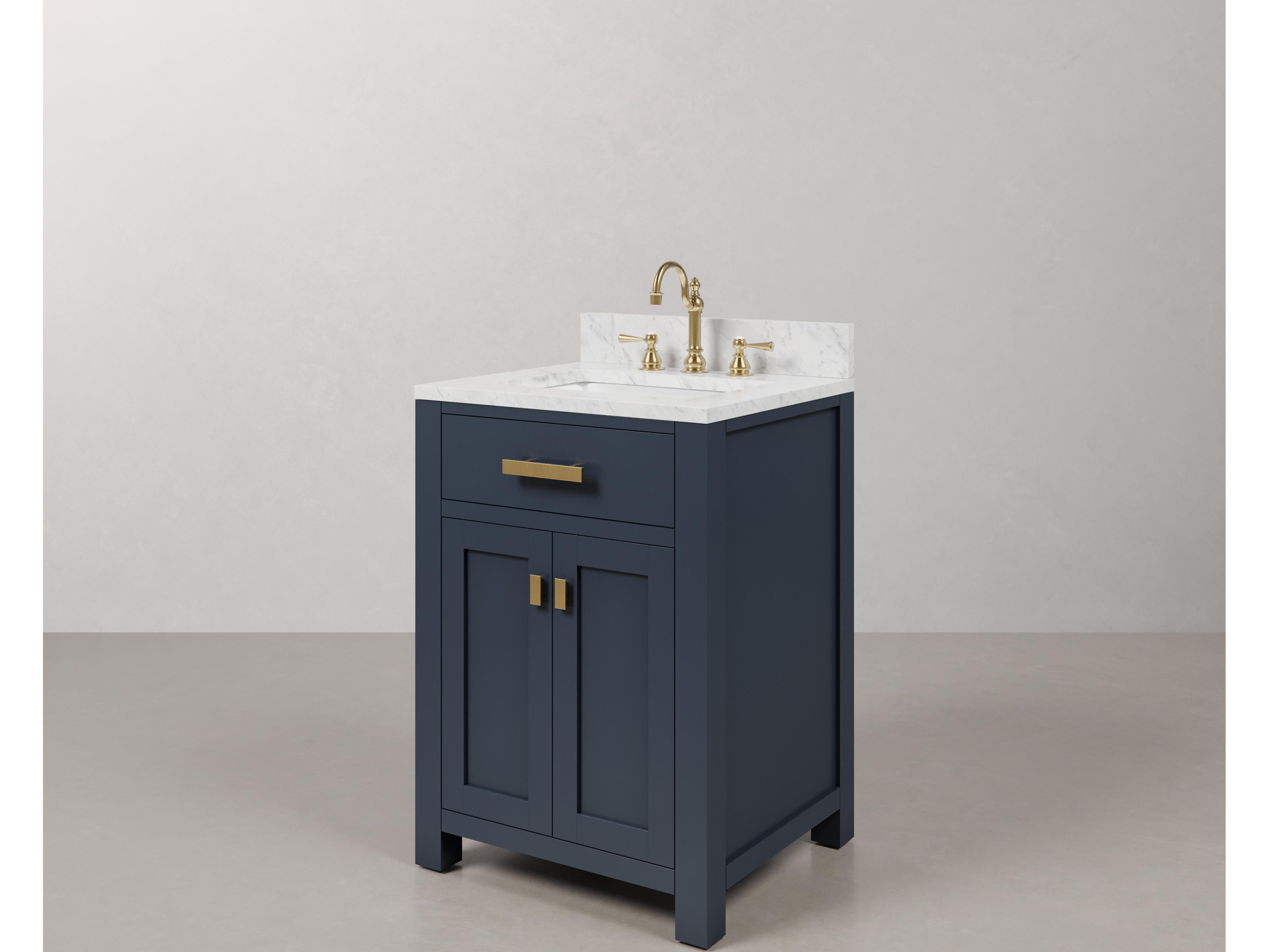 Water Creation Madison Single Sink Carrara White Marble Countertop Bath Vanity In Monarch Blue with Satin Gold Hardware and Hook Faucet