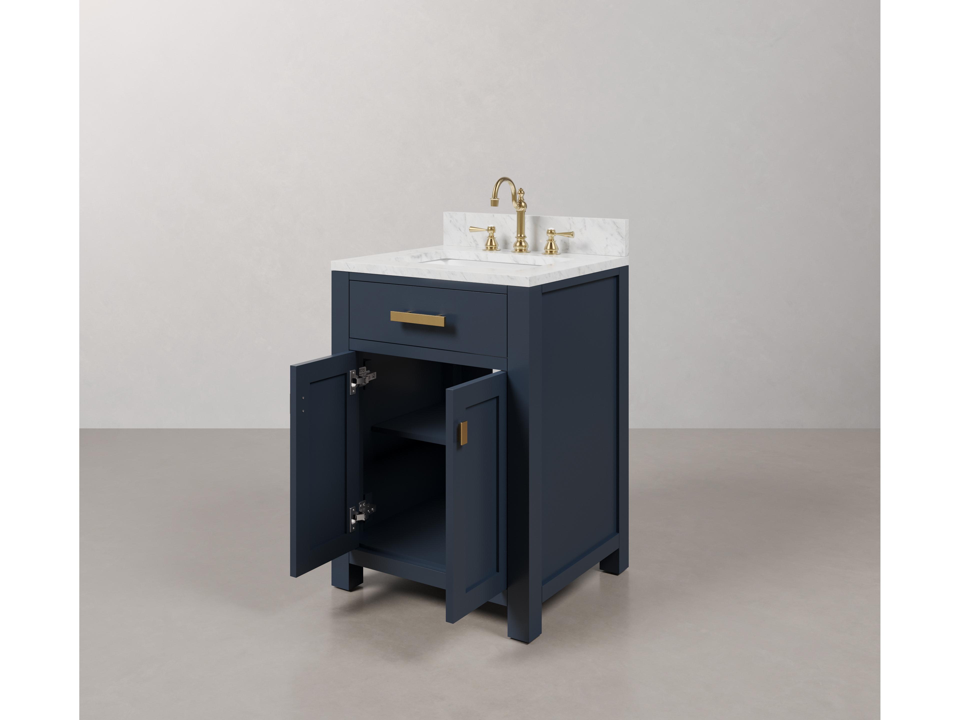 Water Creation Madison Single Sink Carrara White Marble Countertop Bath Vanity In Monarch Blue with Satin Gold Hardware and Hook Faucet