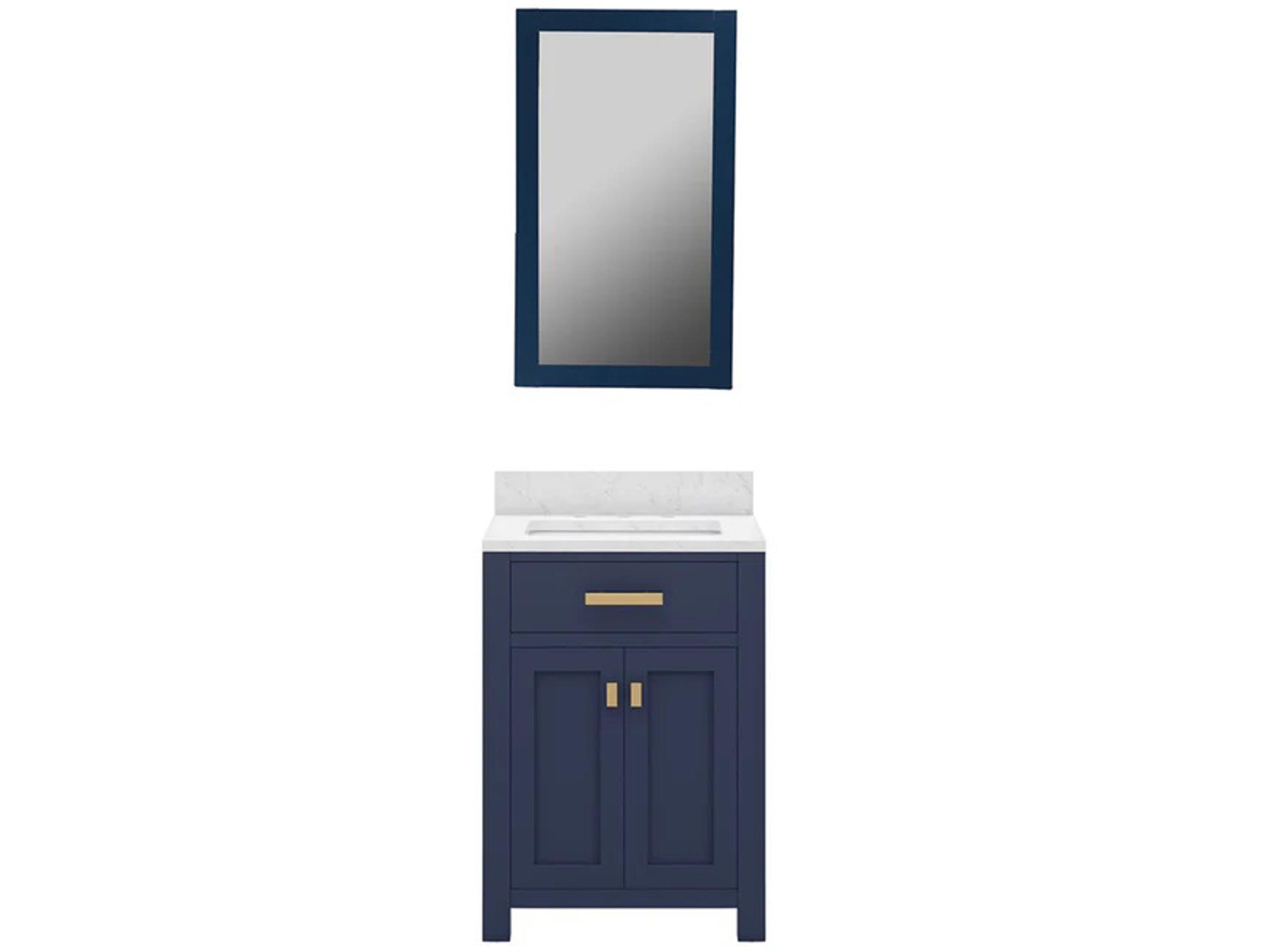 Water Creation Madison Single Sink Carrara White Marble Countertop Bath Vanity In Monarch Blue with Satin Gold Hardware and Rectangular Mirror (S)