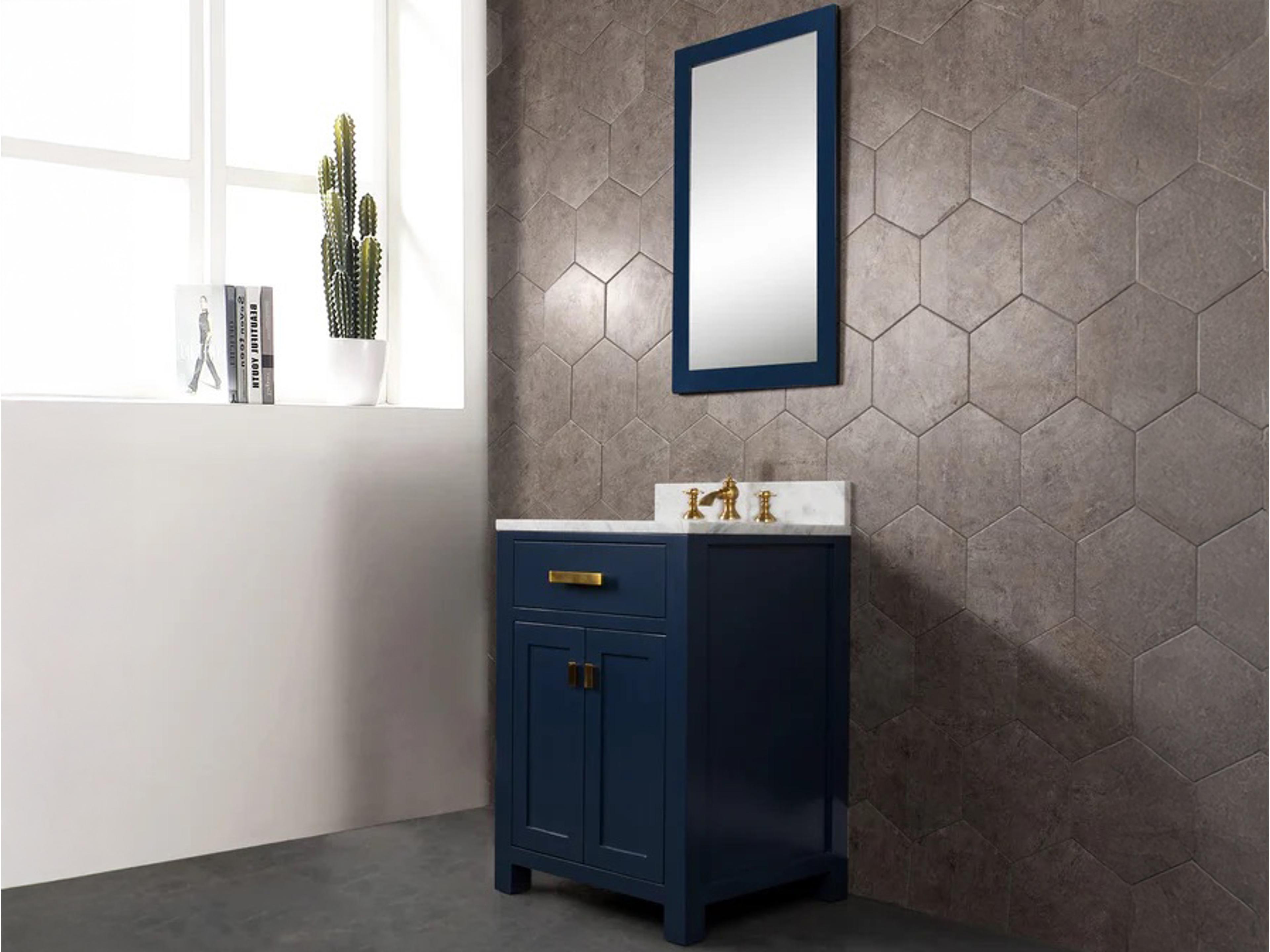 Water Creation Madison Single Sink Carrara White Marble Countertop Bath Vanity In Monarch Blue with Satin Gold Hardware and Rectangular Mirror (S)