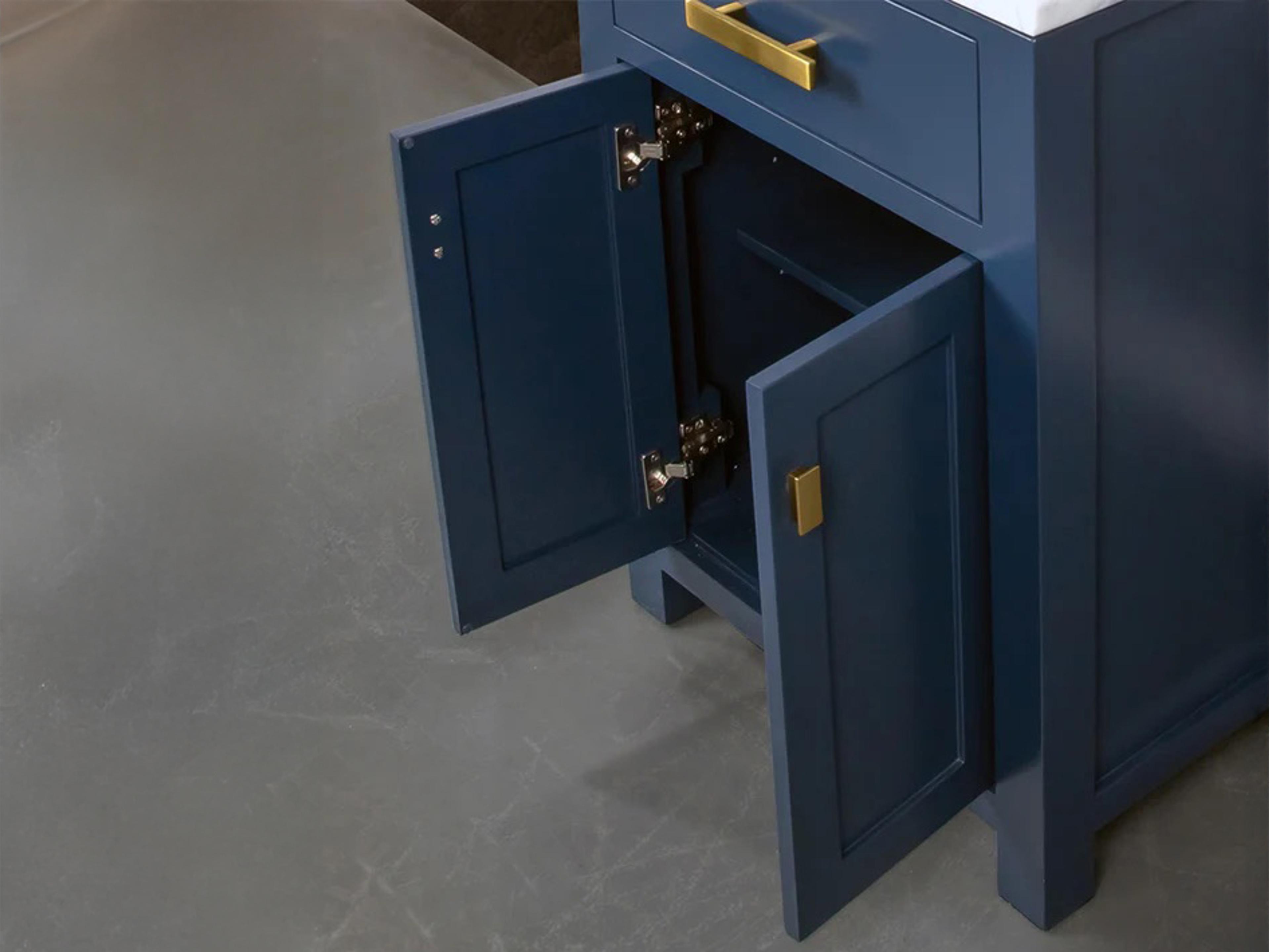 Water Creation Madison Single Sink Carrara White Marble Countertop Bath Vanity In Monarch Blue with Satin Gold Hardware and Rectangular Mirror (S)