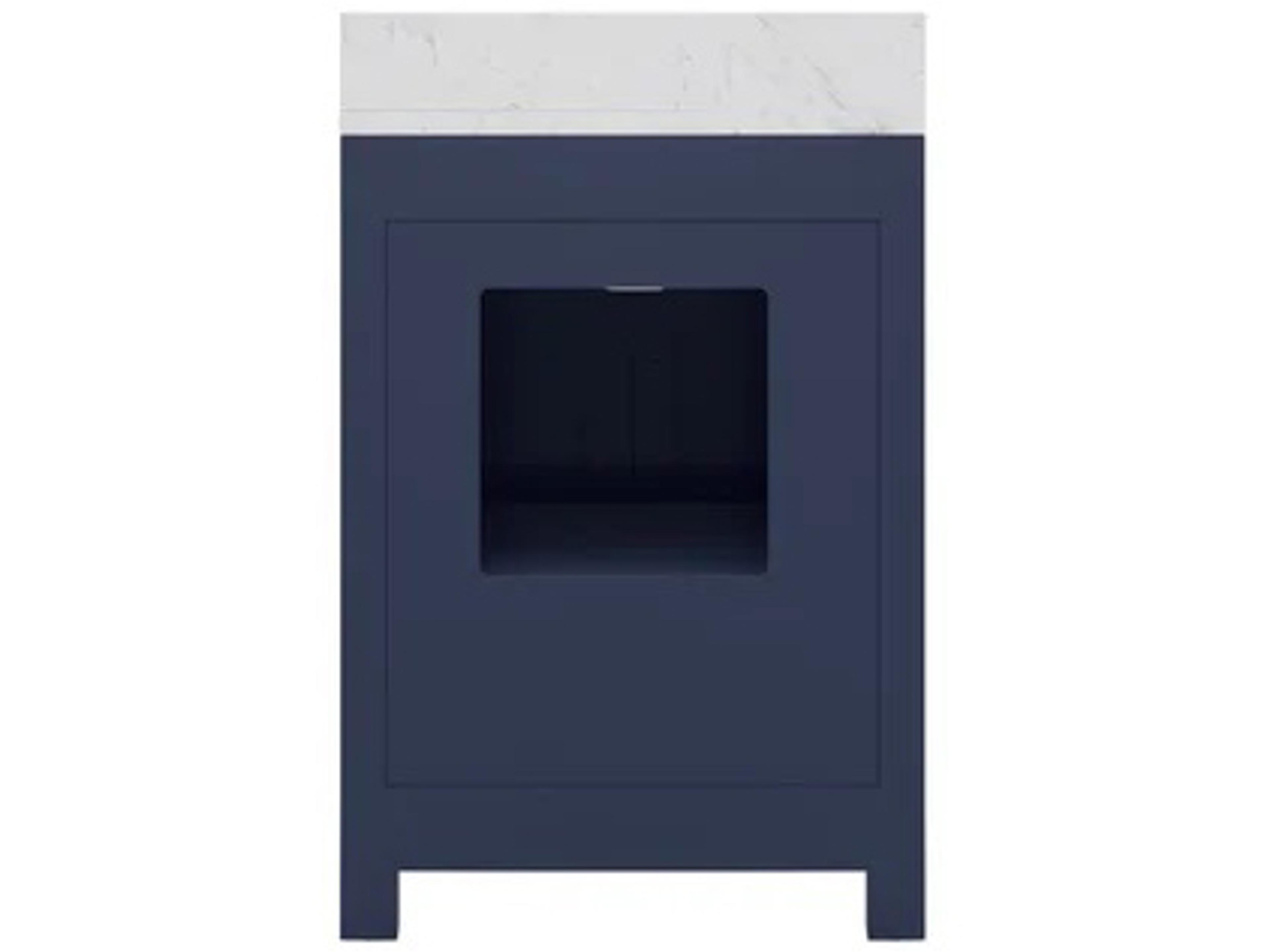 Water Creation Madison Single Sink Carrara White Marble Countertop Bath Vanity In Monarch Blue with Satin Gold Hardware and Rectangular Mirror (S)