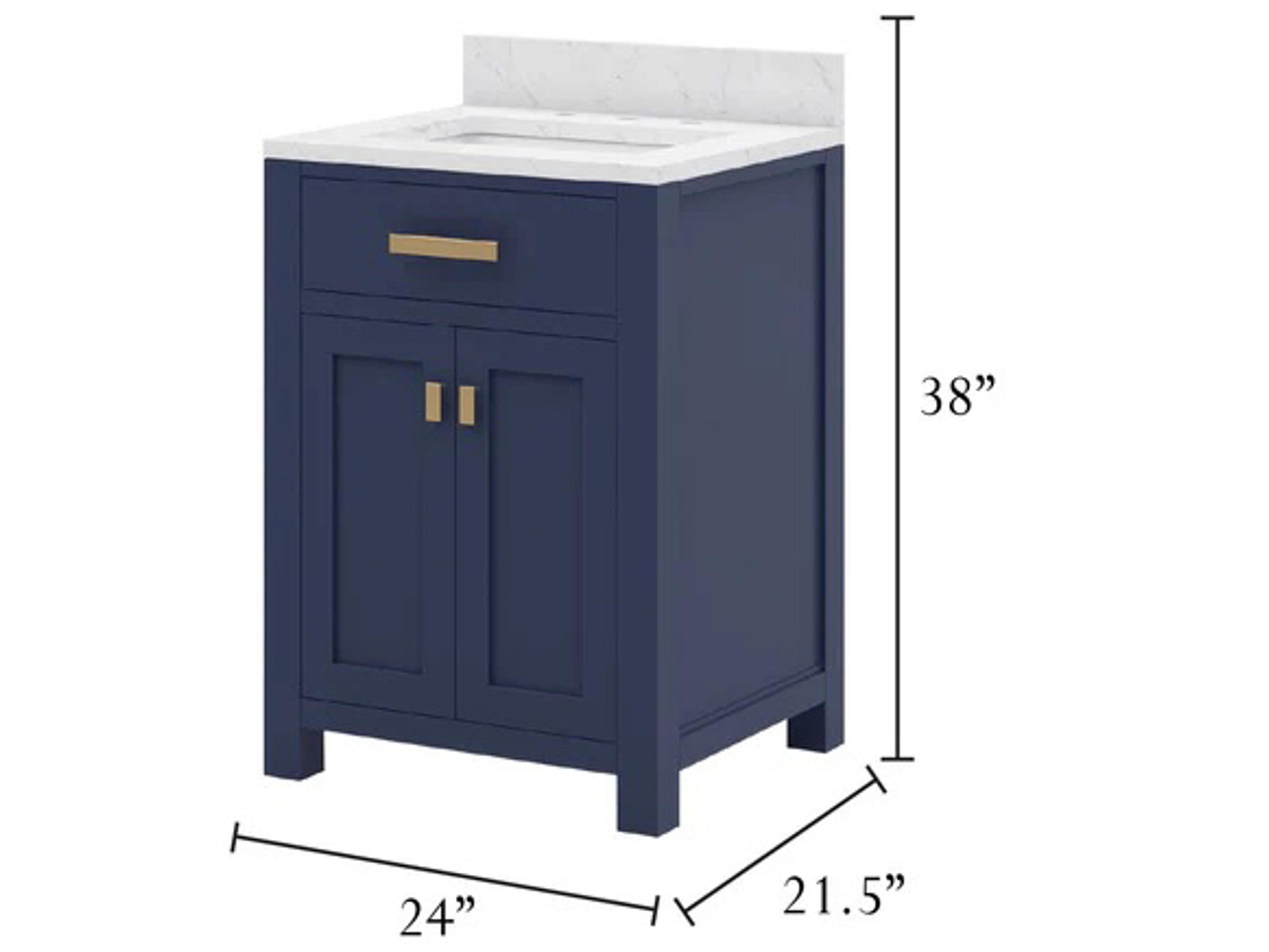 Water Creation Madison Single Sink Carrara White Marble Countertop Bath Vanity In Monarch Blue with Satin Gold Hardware and Rectangular Mirror (S)