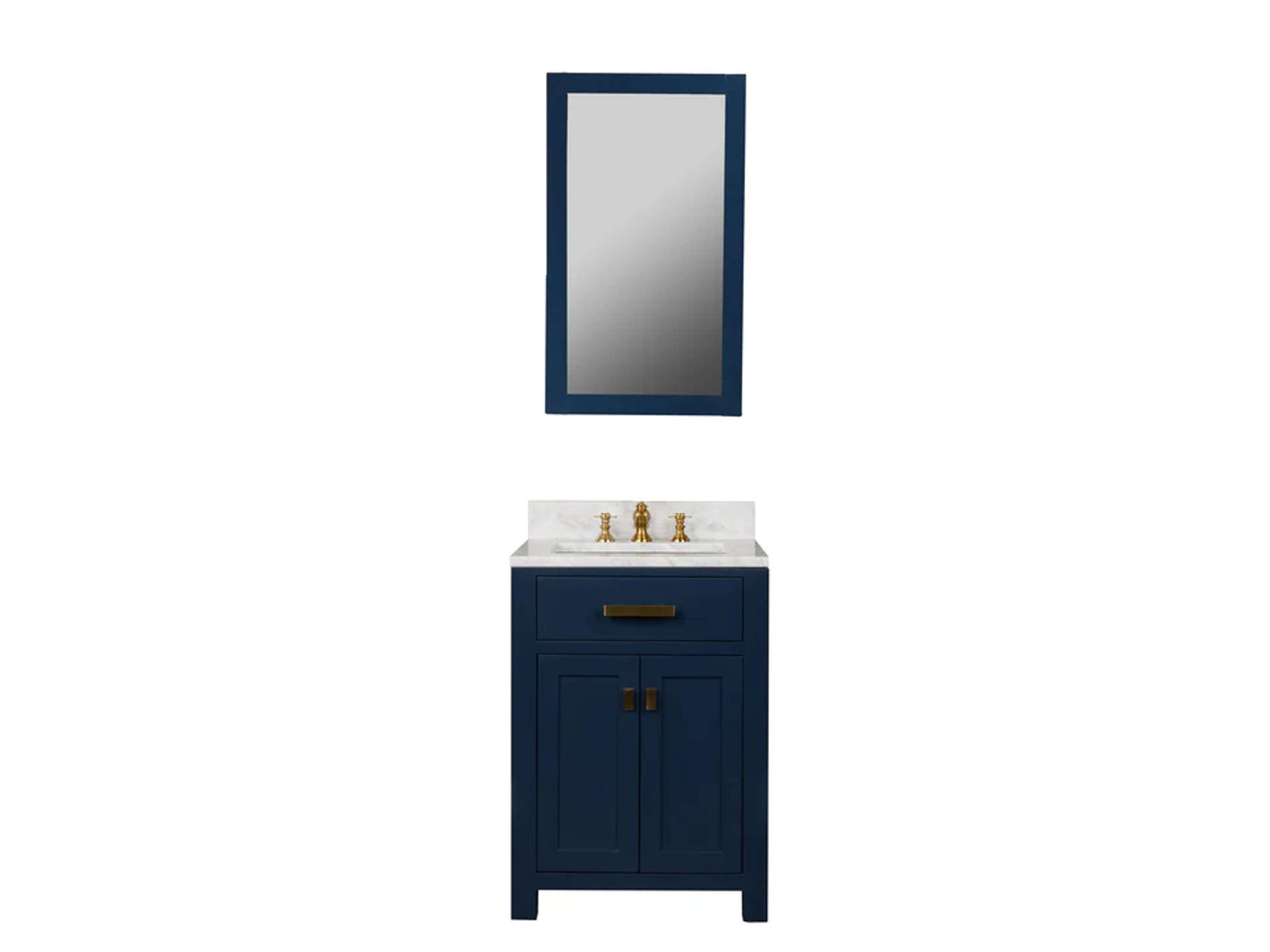 Madison Single Sink Carrara White Marble Countertop Bath Vanity In Monarch Blue with Satin Gold Hardware, Waterfall Faucet and Rectangular Mirror (S)