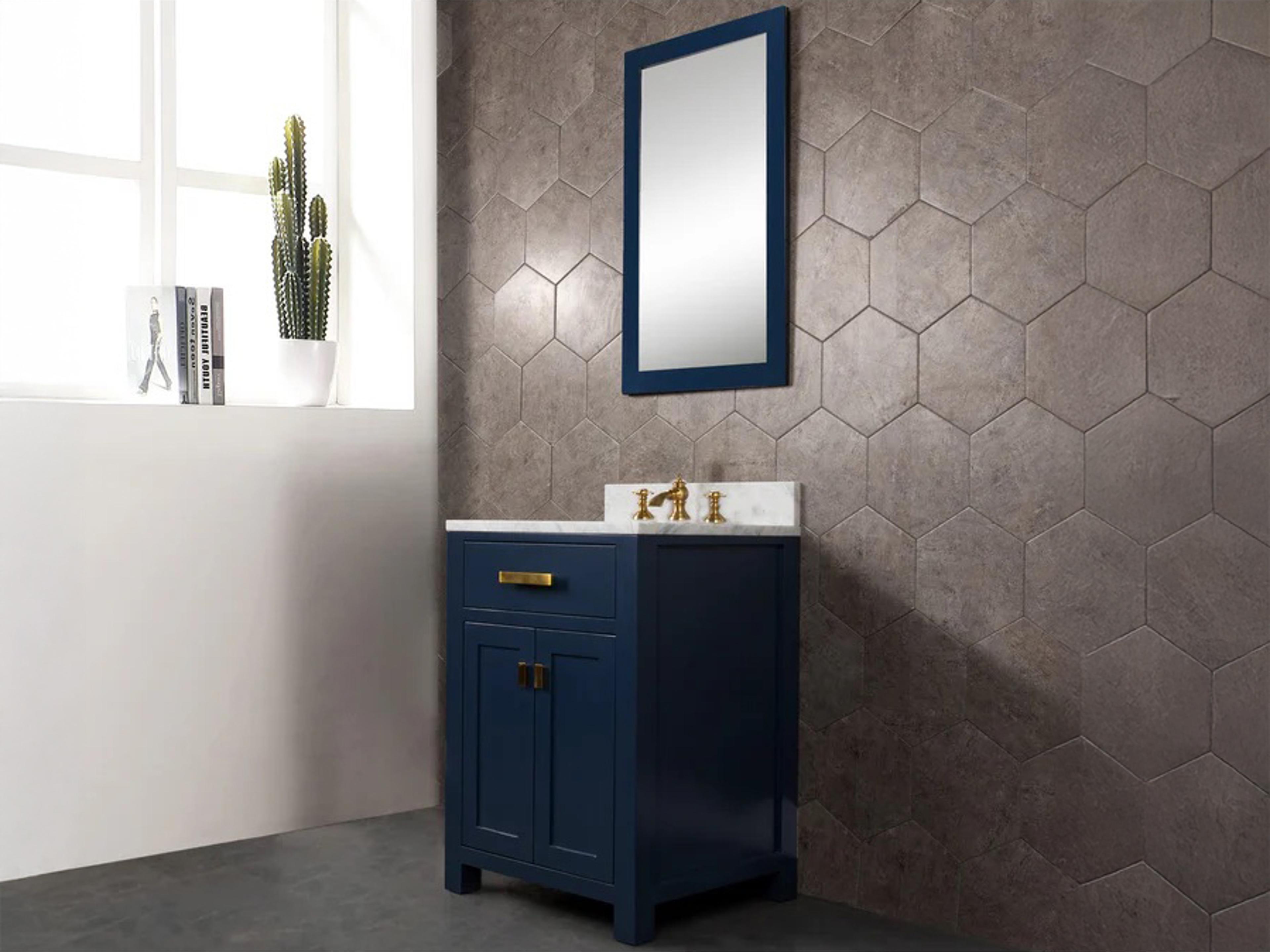 Water Creation Madison Single Sink Carrara White Marble Countertop Bath Vanity In Monarch Blue with Satin Gold Hardware, Waterfall Faucet and Rectangular Mirror (S)