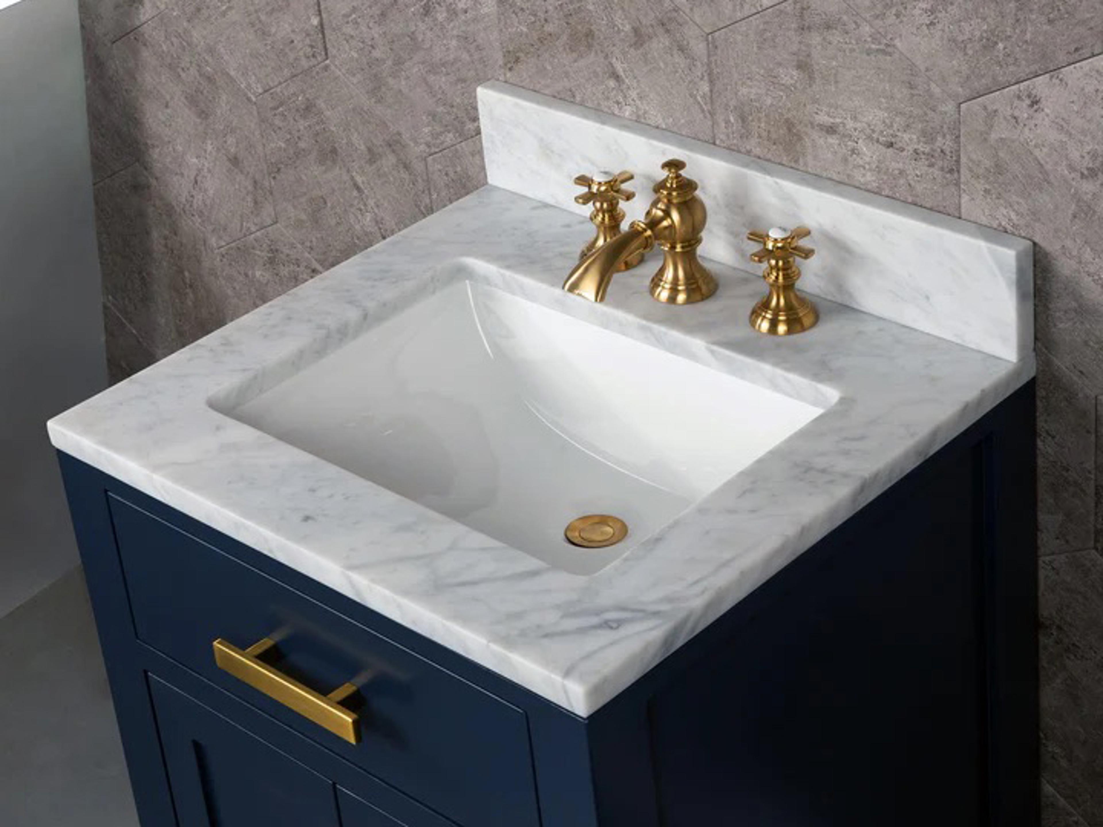 Water Creation Madison Single Sink Carrara White Marble Countertop Bath Vanity In Monarch Blue with Satin Gold Hardware, Waterfall Faucet and Rectangular Mirror (S)
