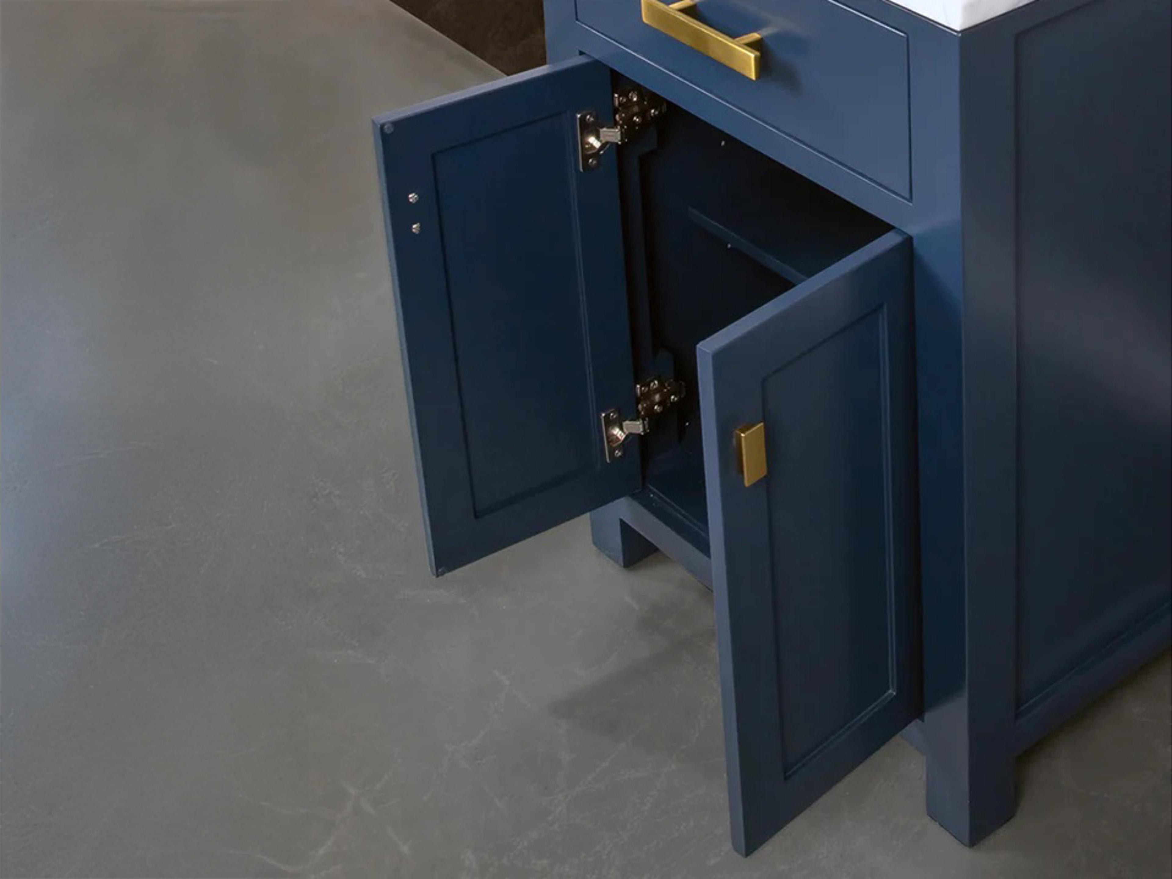 Water Creation Madison Single Sink Carrara White Marble Countertop Bath Vanity In Monarch Blue with Satin Gold Hardware, Waterfall Faucet and Rectangular Mirror (S)