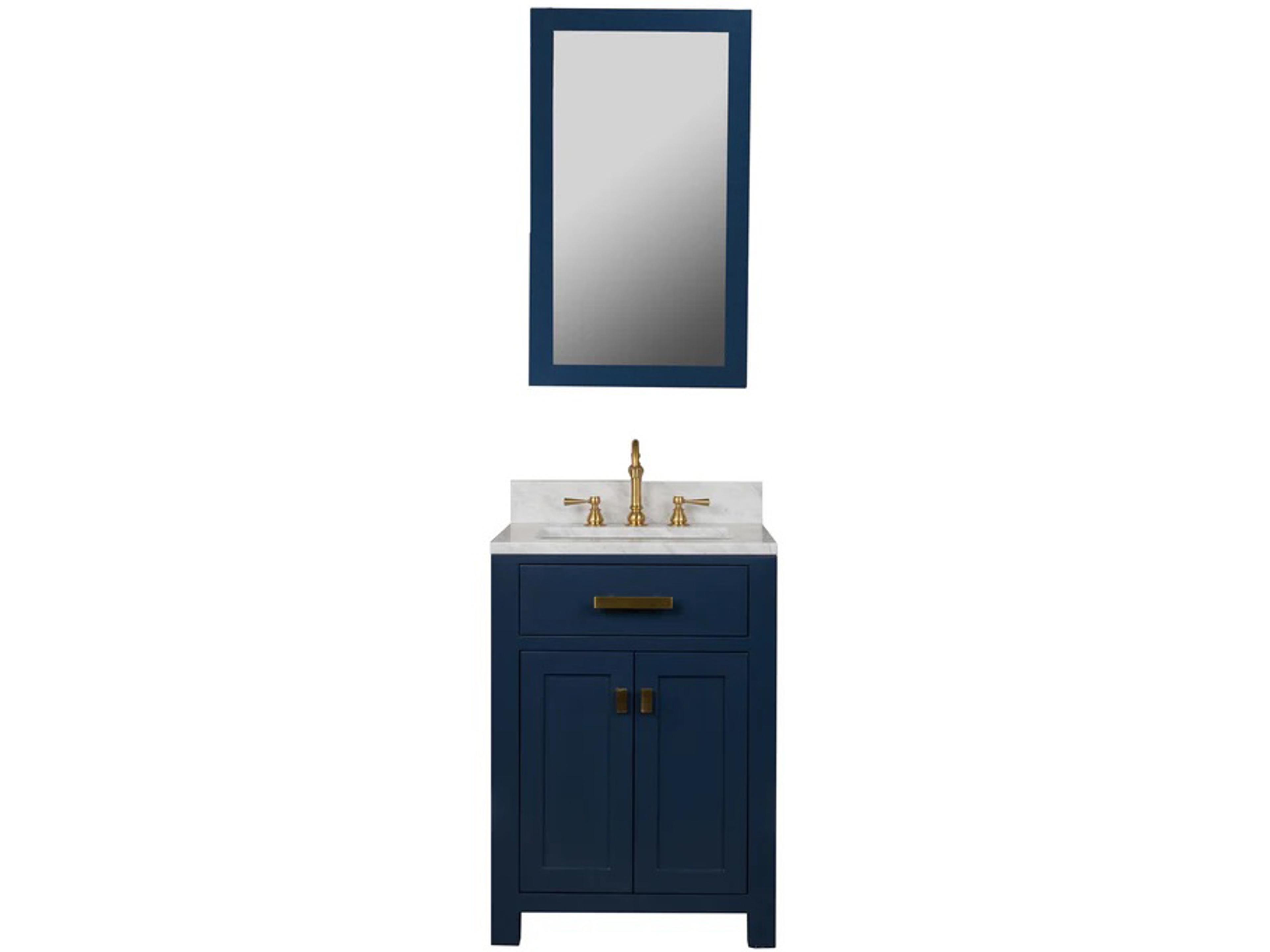 Water Creation Madison Single Sink Carrara White Marble Countertop Bath Vanity In Monarch Blue with Satin Gold Hardware, Hook Faucet and Rectangular Mirror (S)