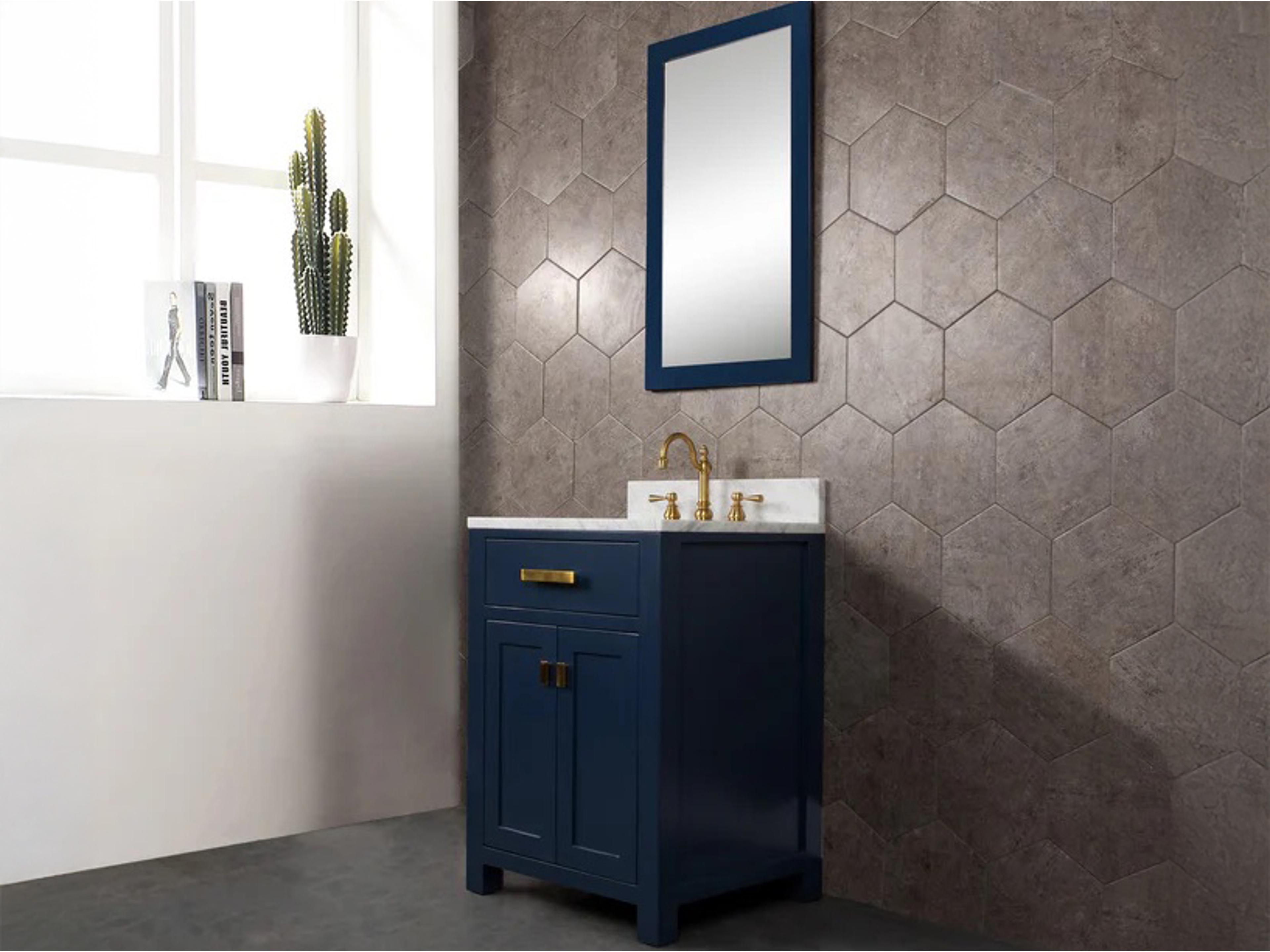 Water Creation Madison Single Sink Carrara White Marble Countertop Bath Vanity In Monarch Blue with Satin Gold Hardware, Hook Faucet and Rectangular Mirror (S)