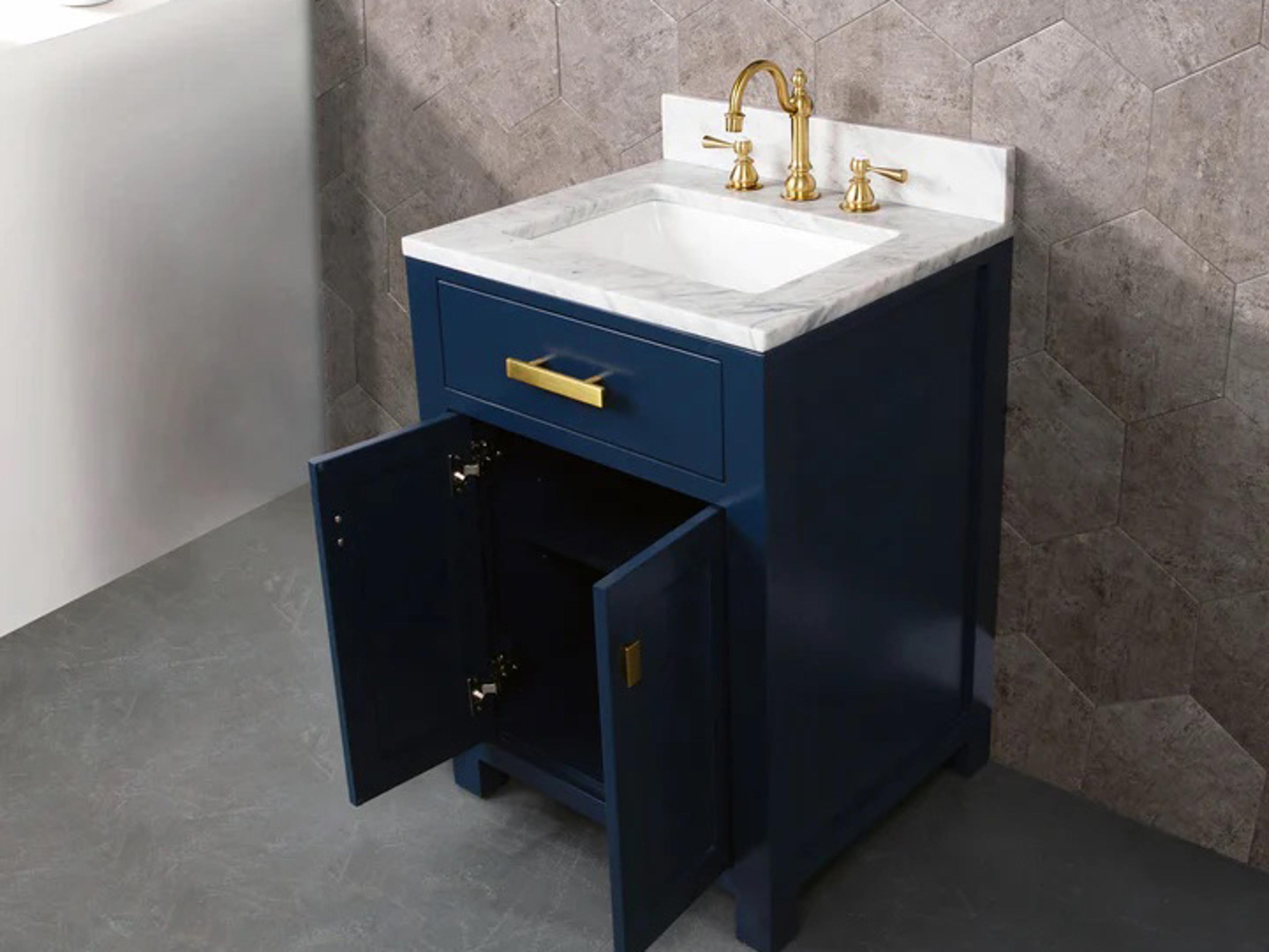Water Creation Madison Single Sink Carrara White Marble Countertop Bath Vanity In Monarch Blue with Satin Gold Hardware, Hook Faucet and Rectangular Mirror (S)