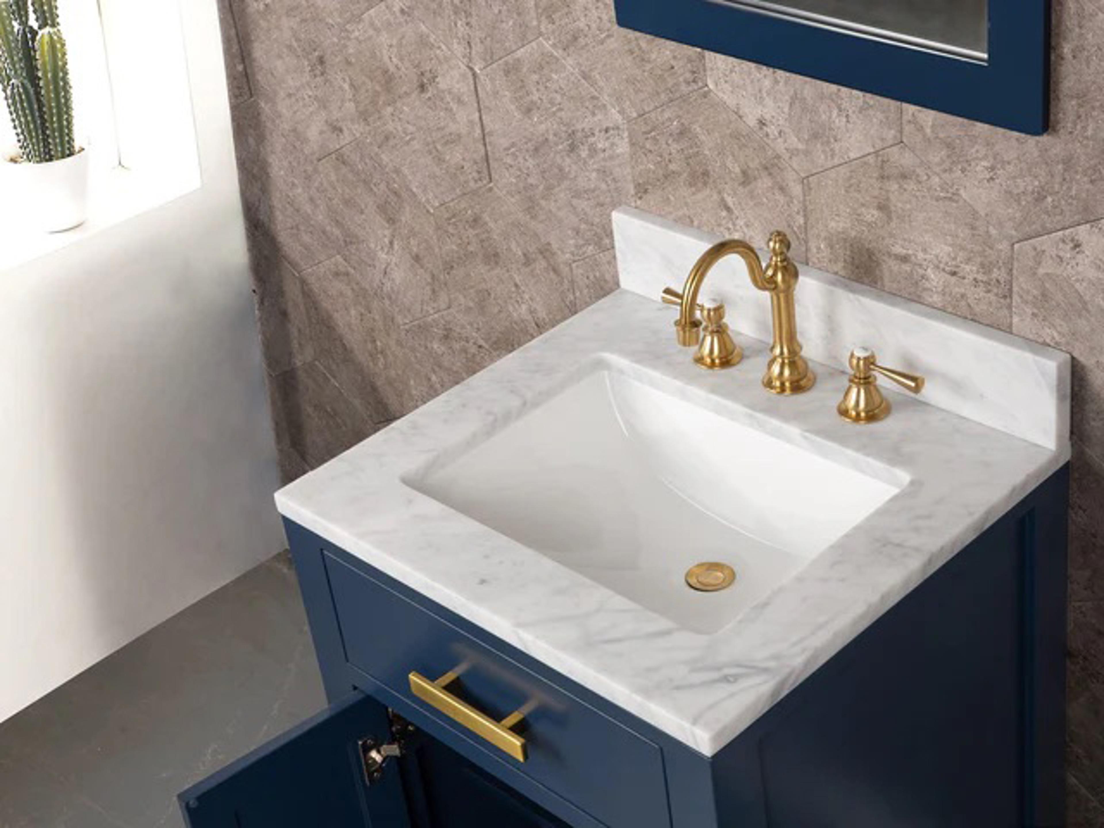 Water Creation Madison Single Sink Carrara White Marble Countertop Bath Vanity In Monarch Blue with Satin Gold Hardware, Hook Faucet and Rectangular Mirror (S)