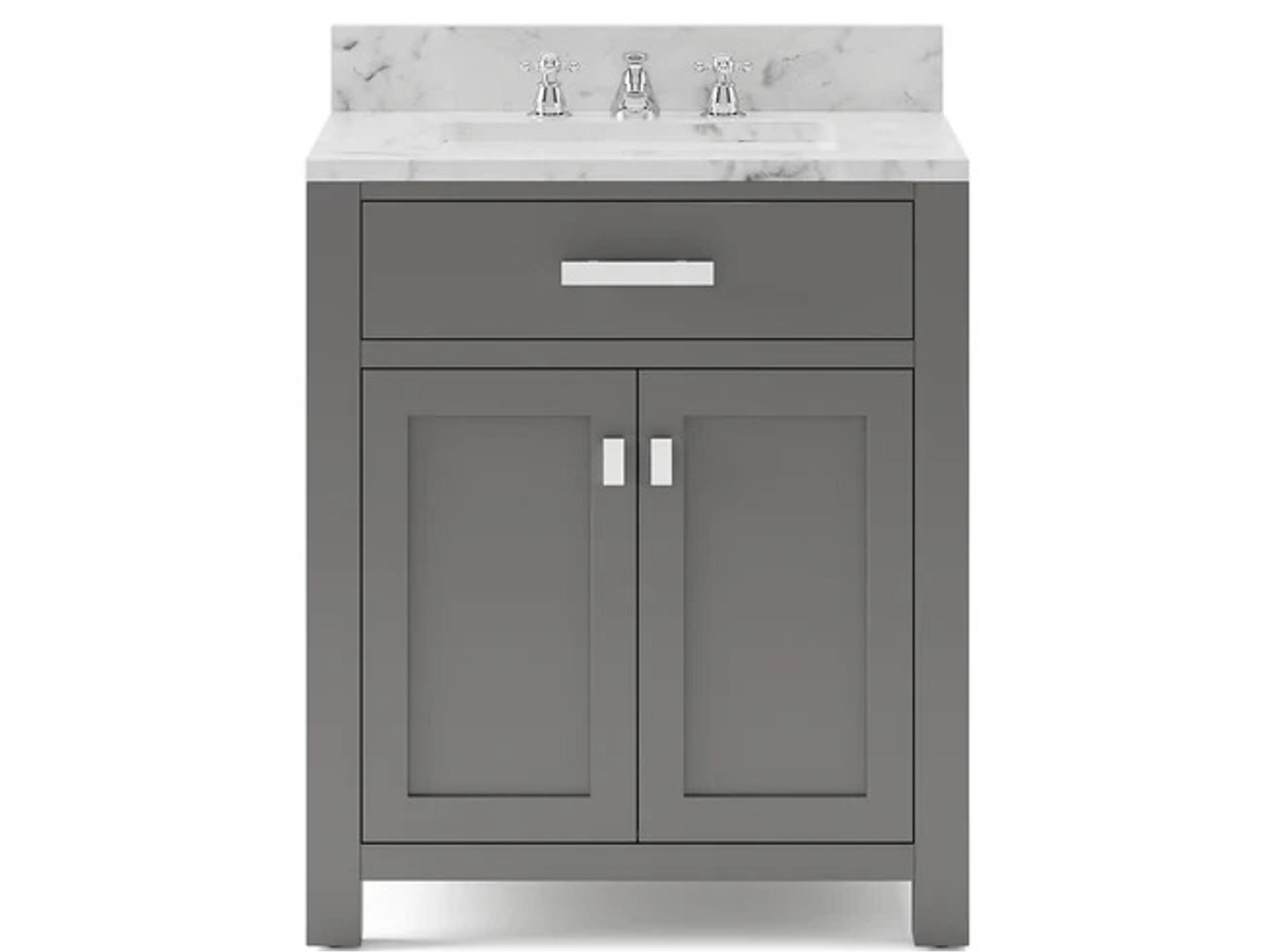Madison Single Sink Carrara White Marble Countertop Bath Vanity in Cashmere Grey with Chrome Hardware and Classic Faucet