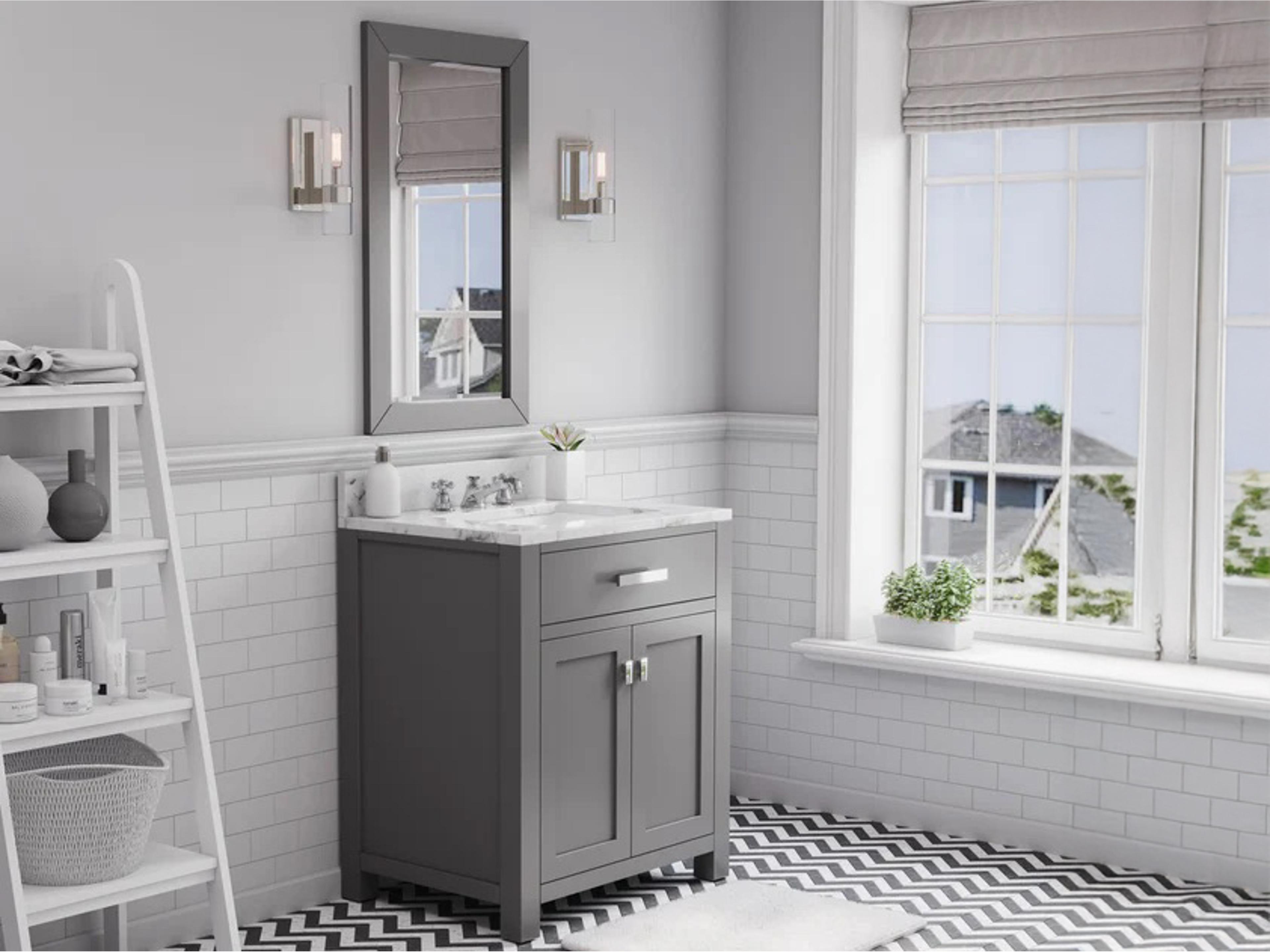 Water Creation Madison Single Sink Carrara White Marble Countertop Bath Vanity in Cashmere Grey with Chrome Hardware and Classic Faucet
