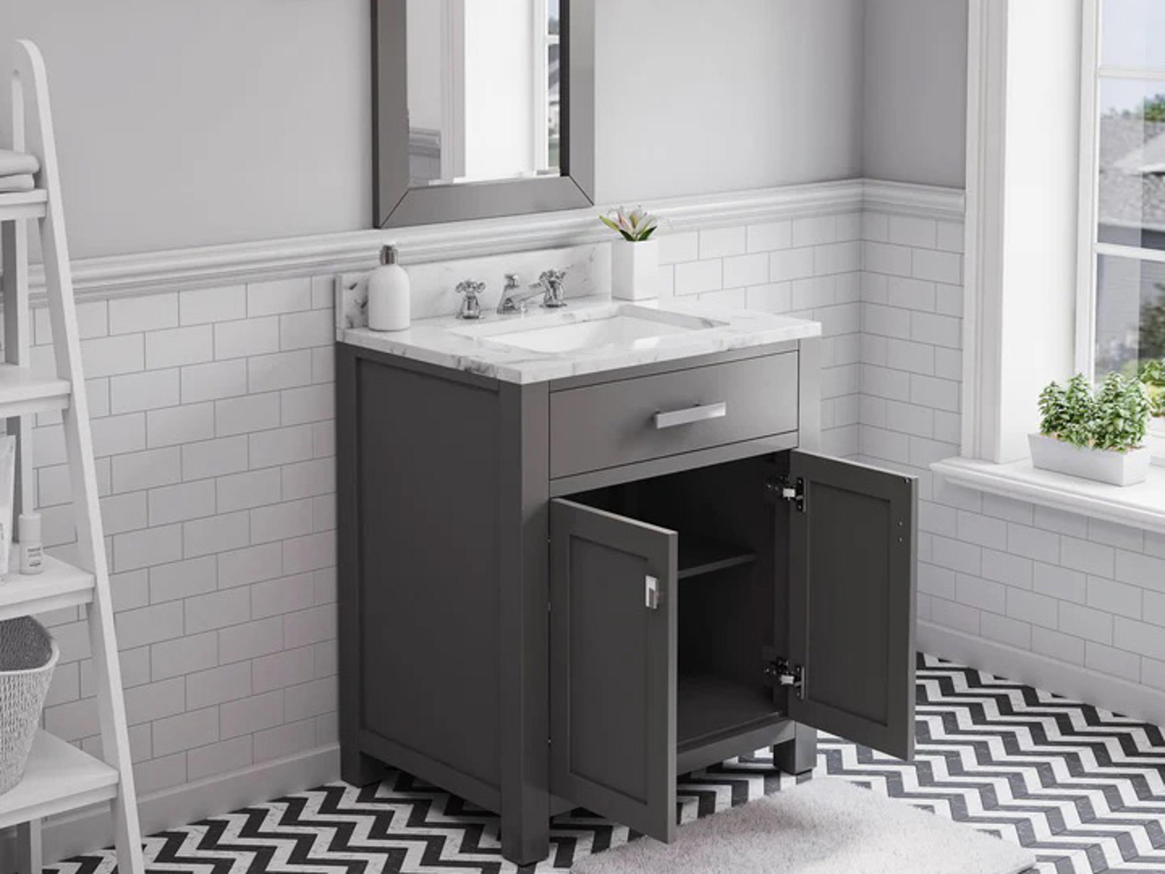 Water Creation Madison Single Sink Carrara White Marble Countertop Bath Vanity in Cashmere Grey with Chrome Hardware and Classic Faucet