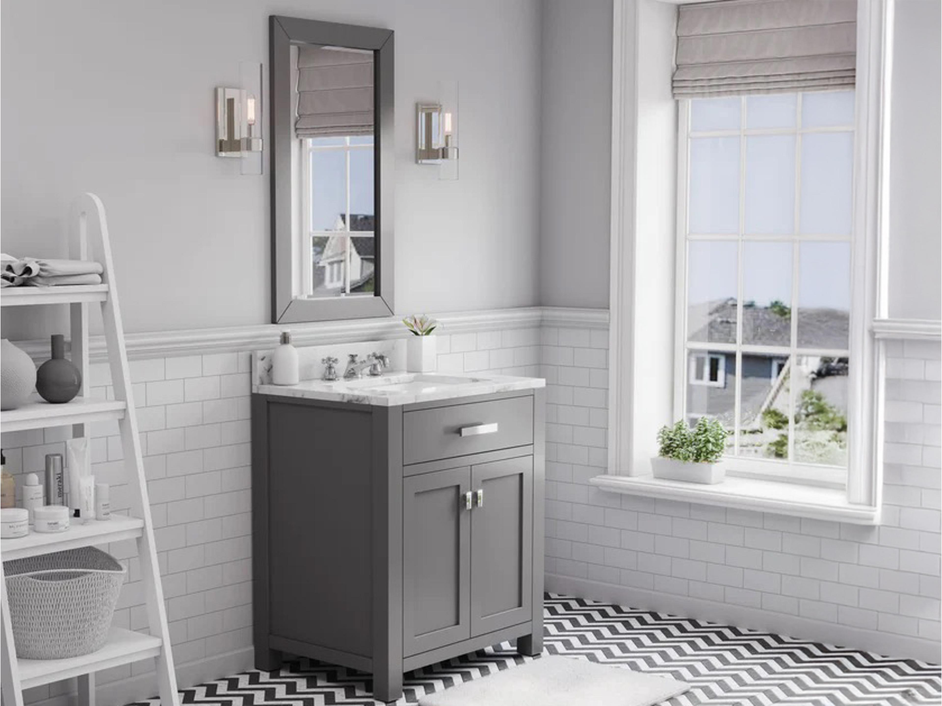 Water Creation Madison Single Sink Carrara White Marble Countertop Bath Vanity in Cashmere Grey with Rectangular Mirror (S)