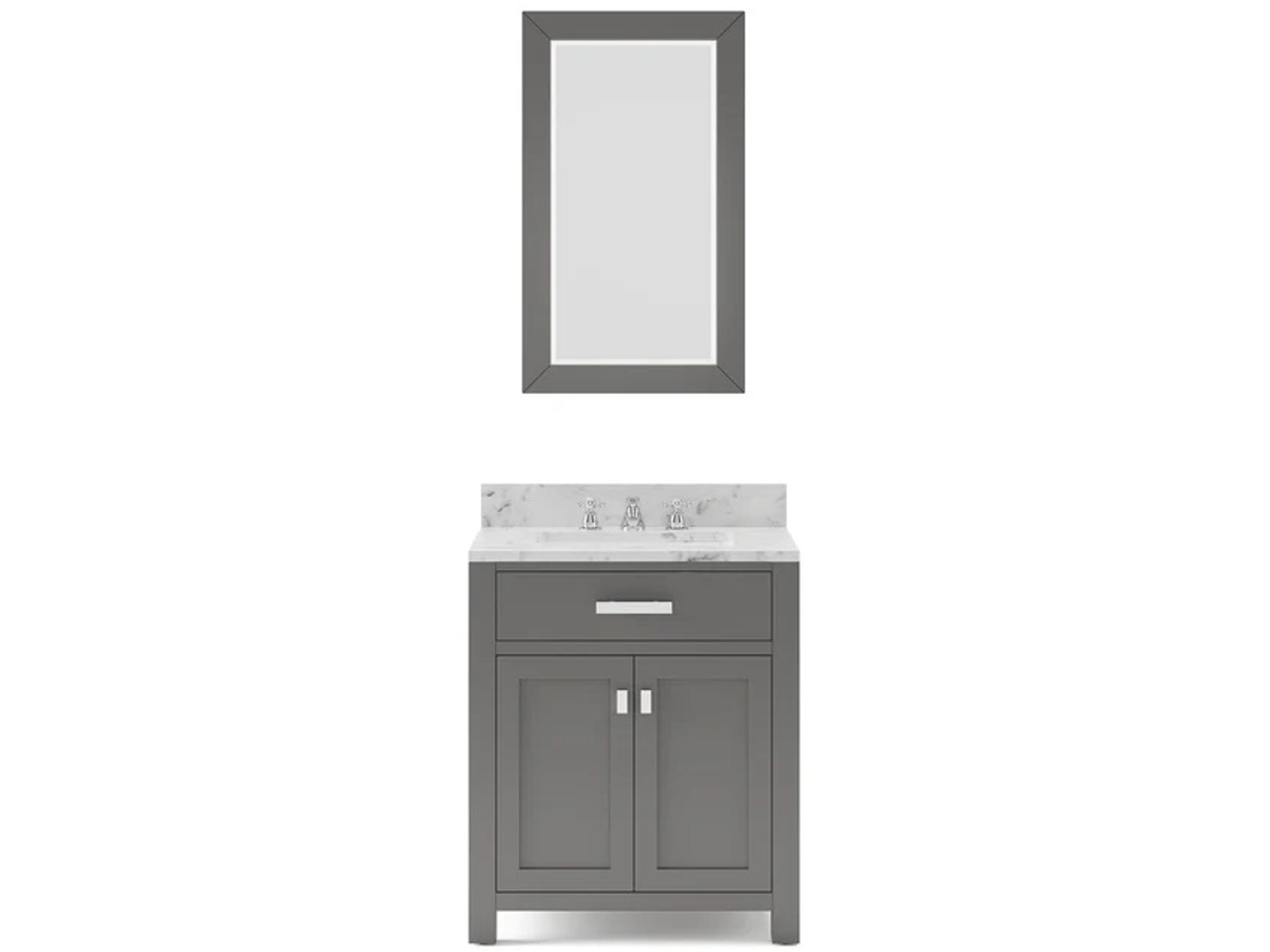 Water Creation Madison Single Sink Carrara White Marble Countertop Bath Vanity in Cashmere Grey with Chrome Hardware, Classic Faucet and Rectangular Mirror (S)