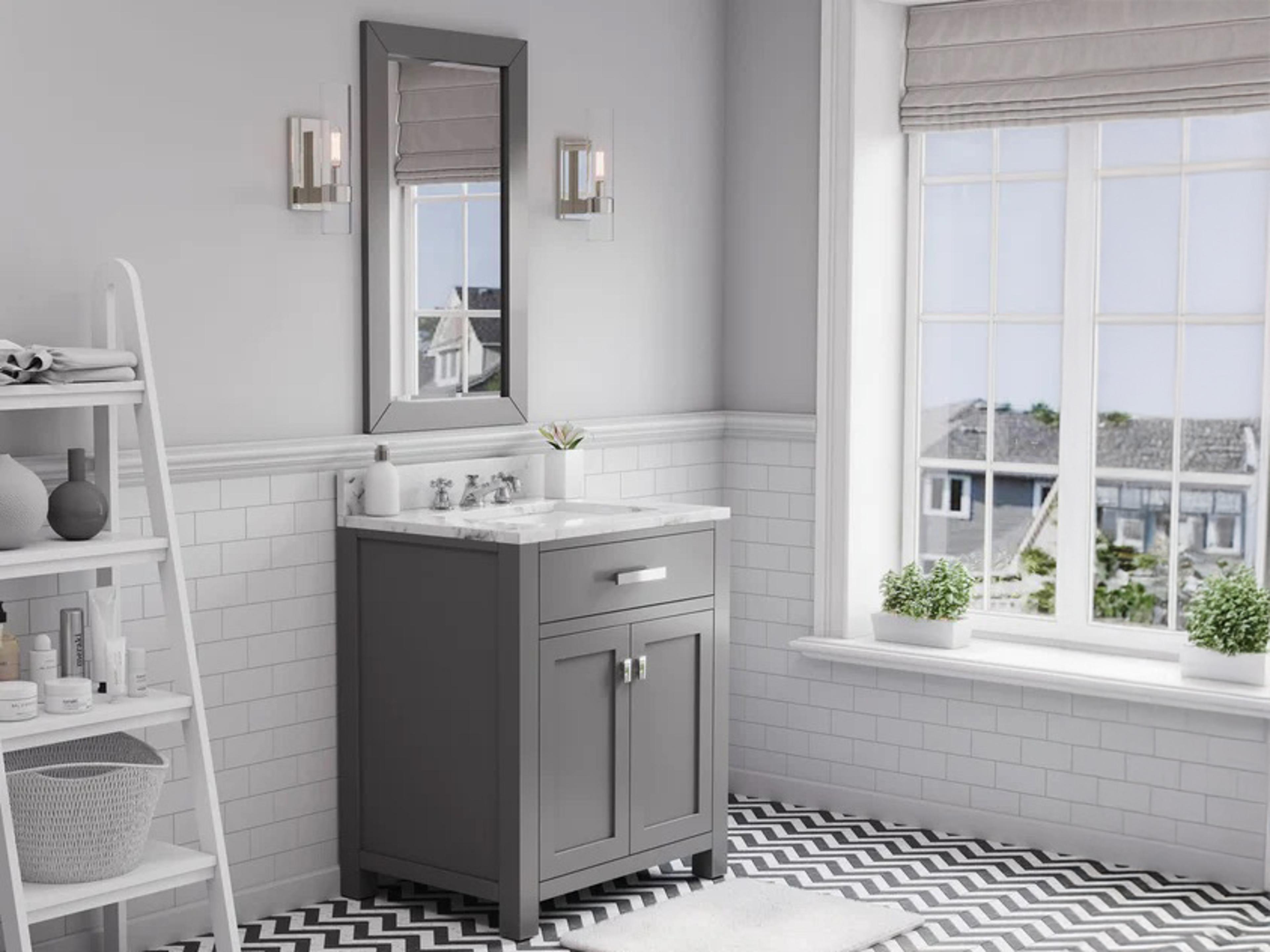 Water Creation Madison Single Sink Carrara White Marble Countertop Bath Vanity in Cashmere Grey with Chrome Hardware, Classic Faucet and Rectangular Mirror (S)