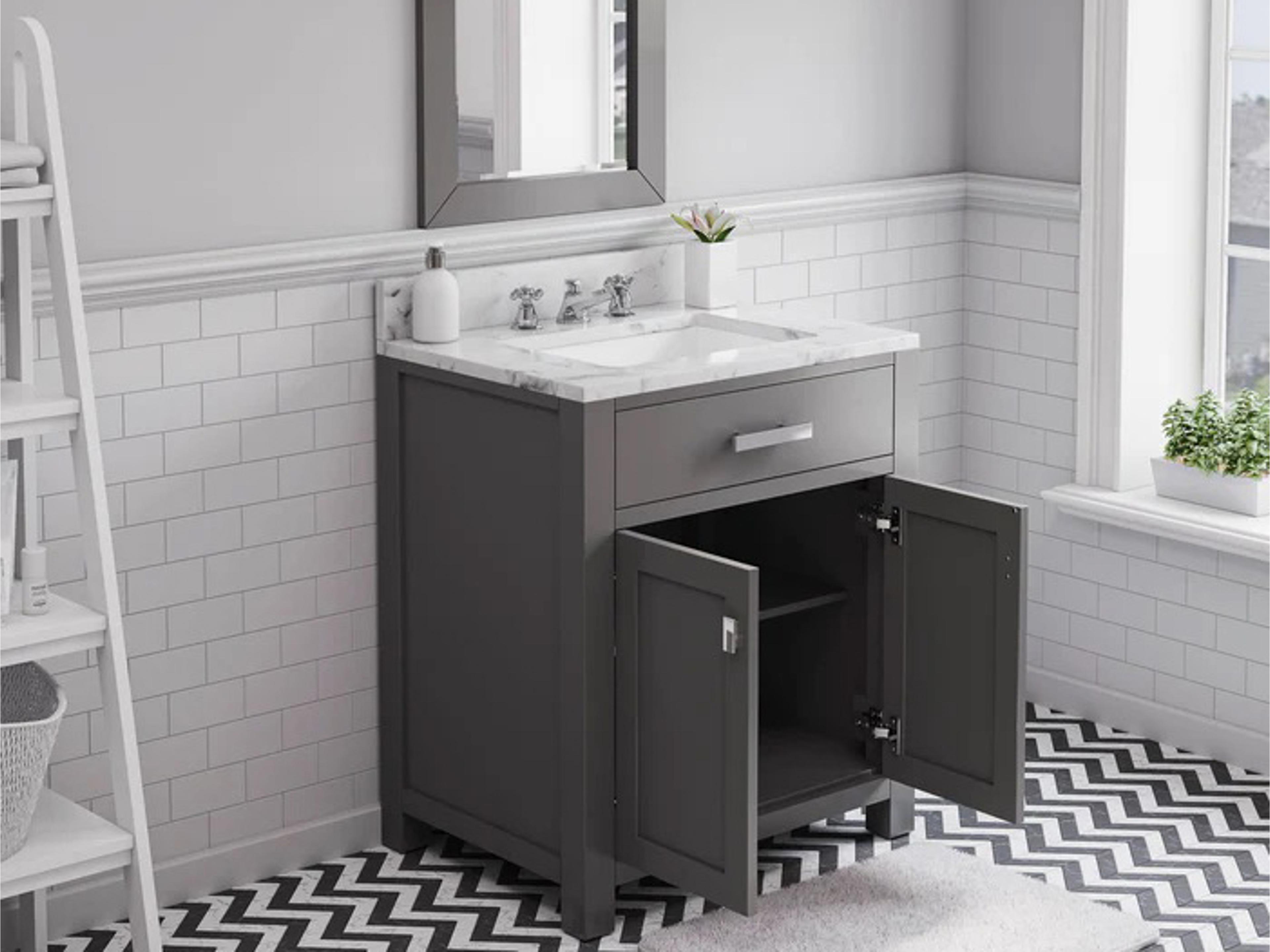Water Creation Madison Single Sink Carrara White Marble Countertop Bath Vanity in Cashmere Grey with Chrome Hardware, Classic Faucet and Rectangular Mirror (S)