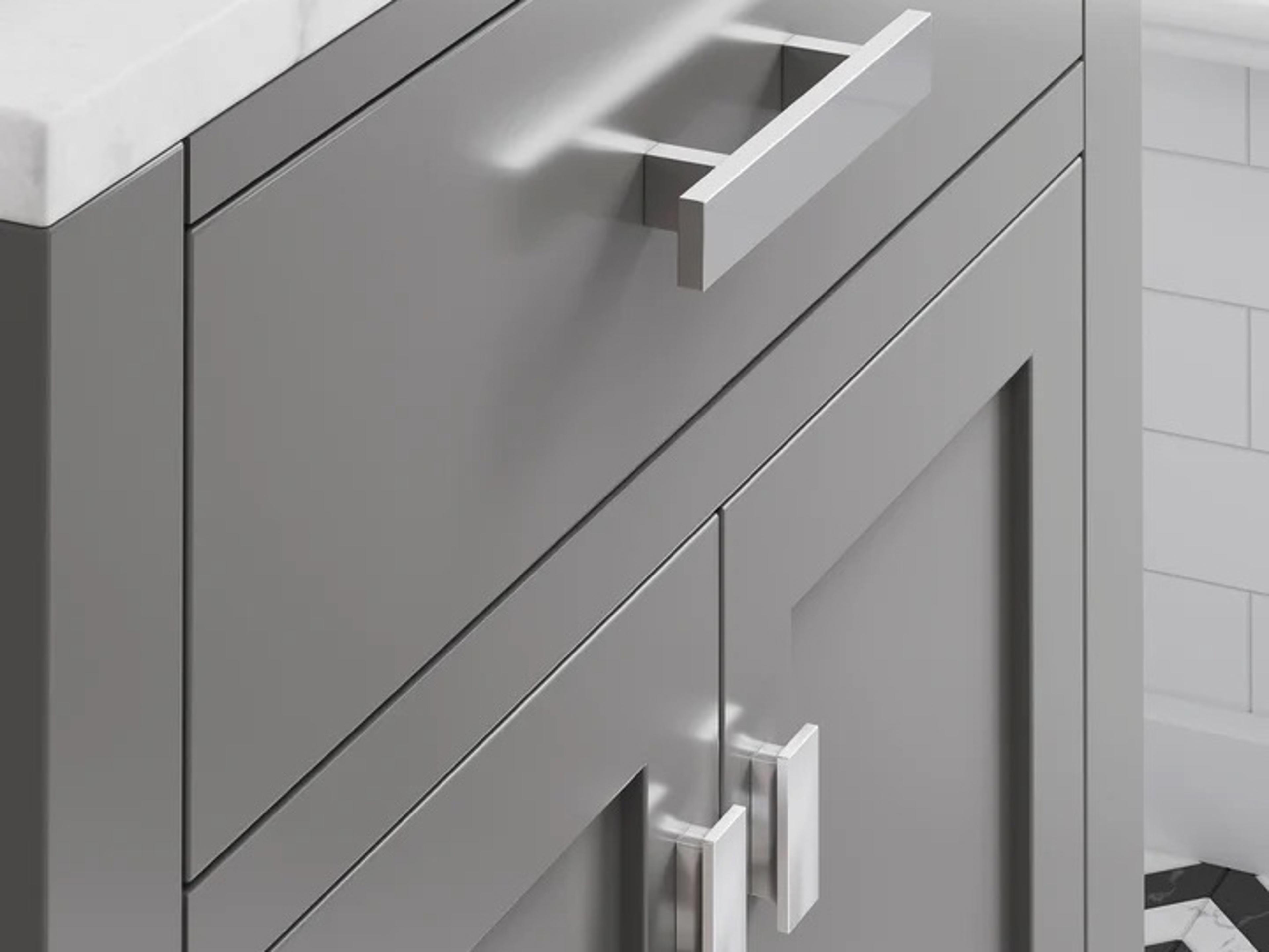 Water Creation Madison Single Sink Carrara White Marble Countertop Bath Vanity in Cashmere Grey with Chrome Hardware, Classic Faucet and Rectangular Mirror (S)