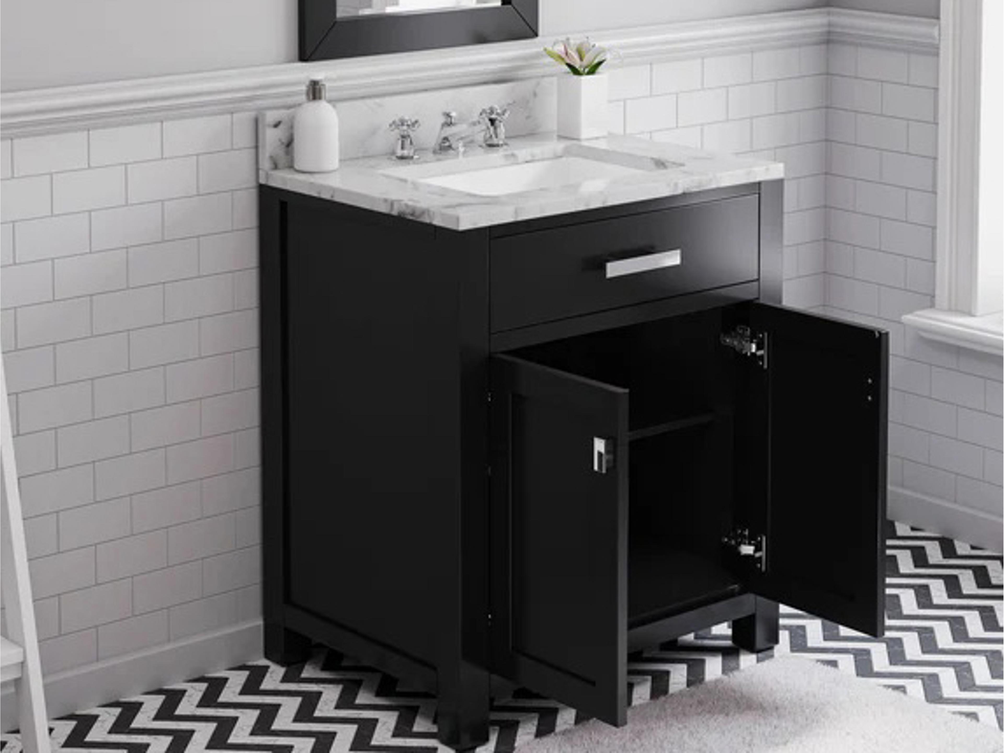 Water Creation Madison Single Sink Carrara White Marble Countertop Bath Vanity in Espresso with Chrome Hardware and Classic Faucet