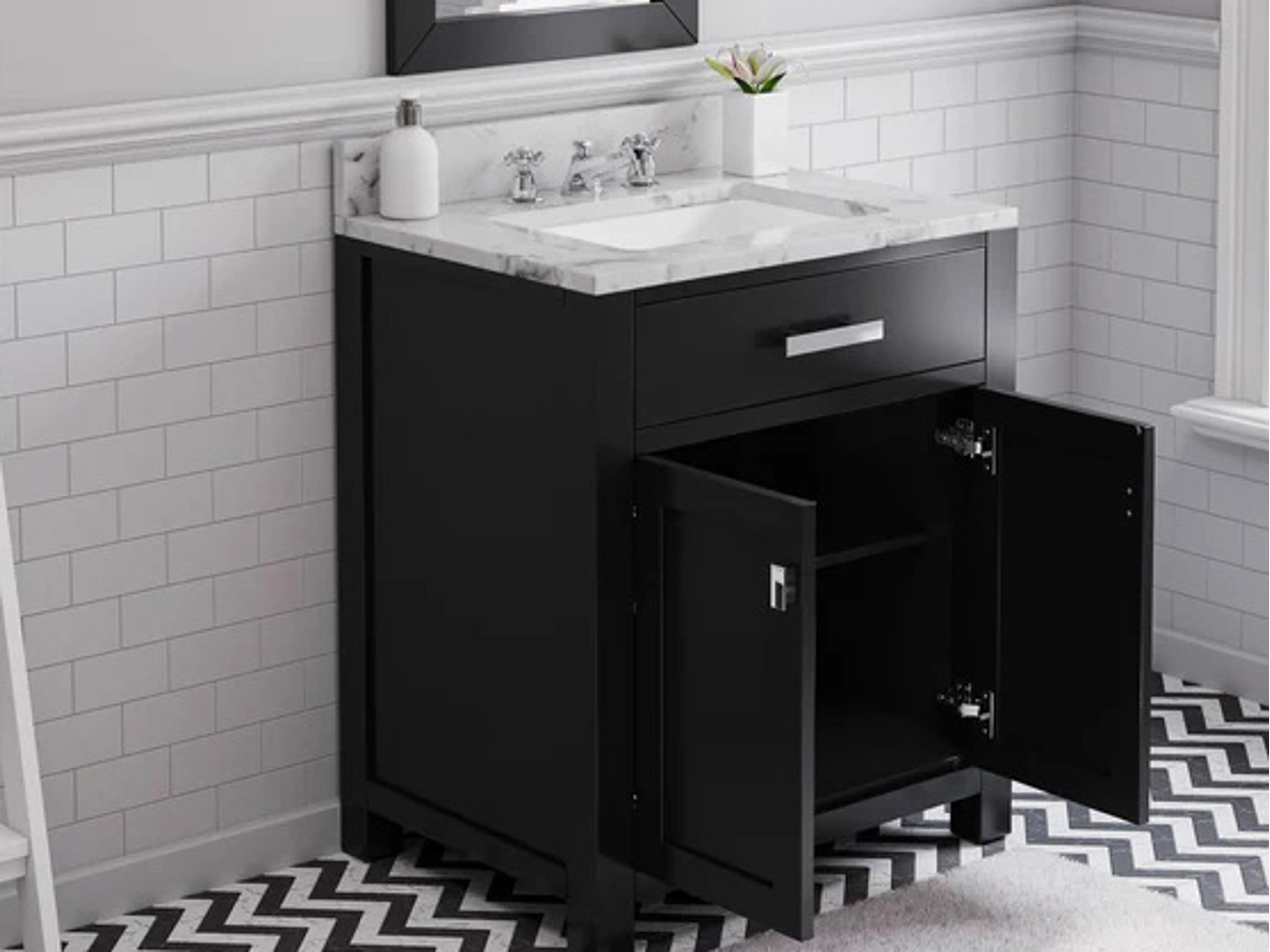 Water Creation Madison Single Sink Carrara White Marble Countertop Bath Vanity in Espresso with Chrome Hardware, Classic Faucet and Rectangular Mirror (S)