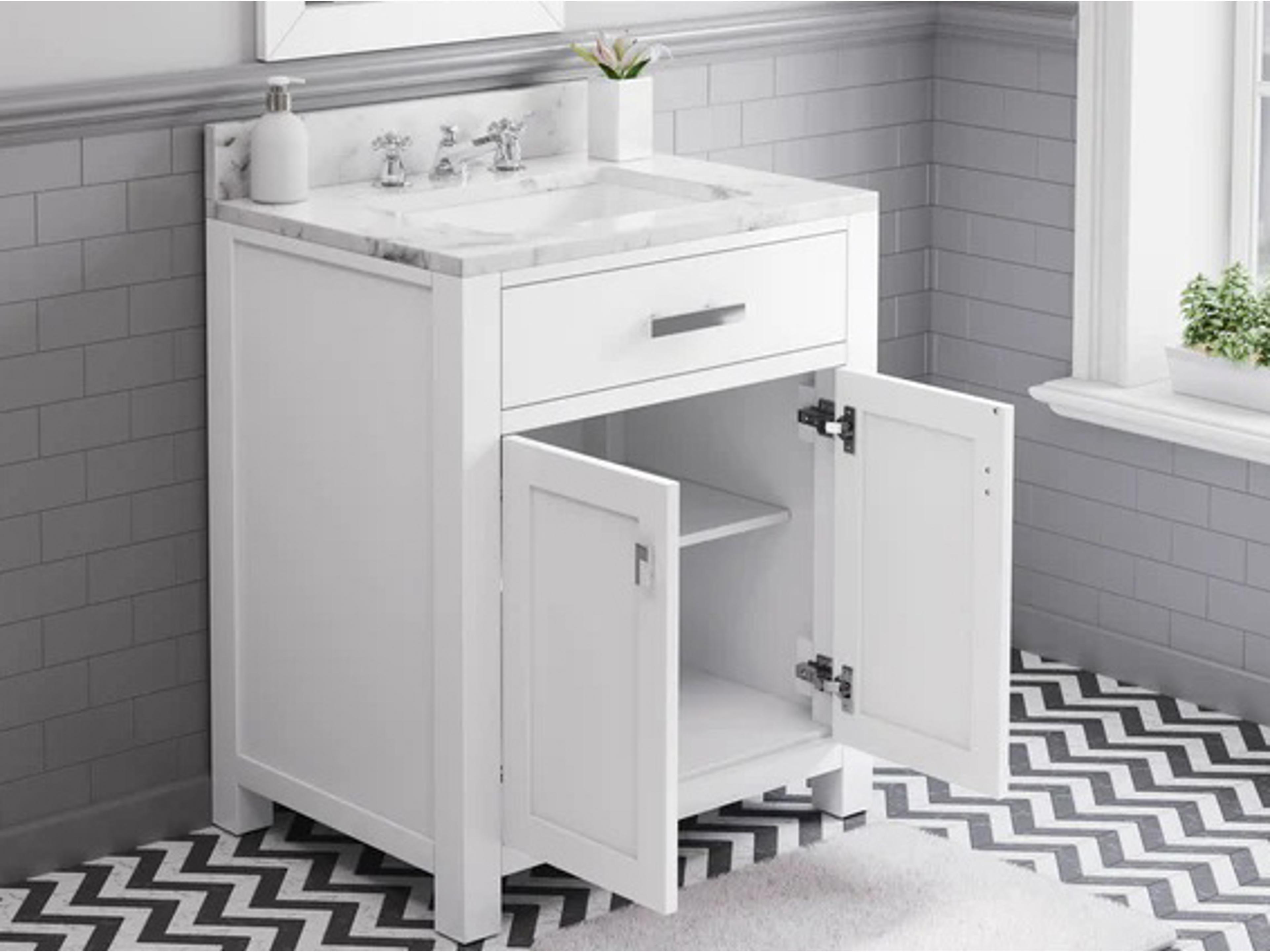 Water Creation Madison Single Sink Carrara White Marble Countertop Bath Vanity in Pure White
