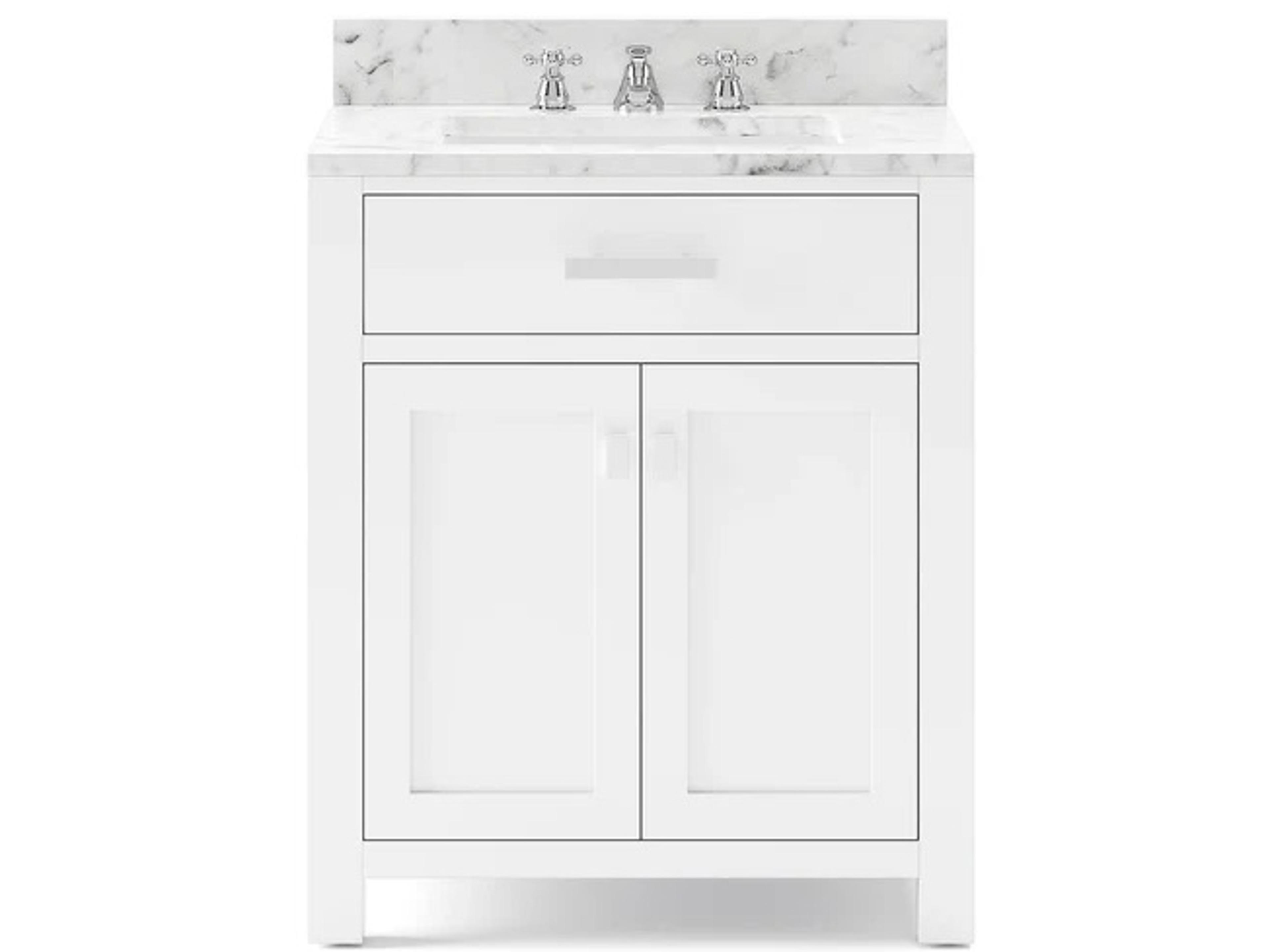 Water Creation Madison Single Sink Carrara White Marble Countertop Bath Vanity in Pure White with Chrome Hardware, Classic Faucet