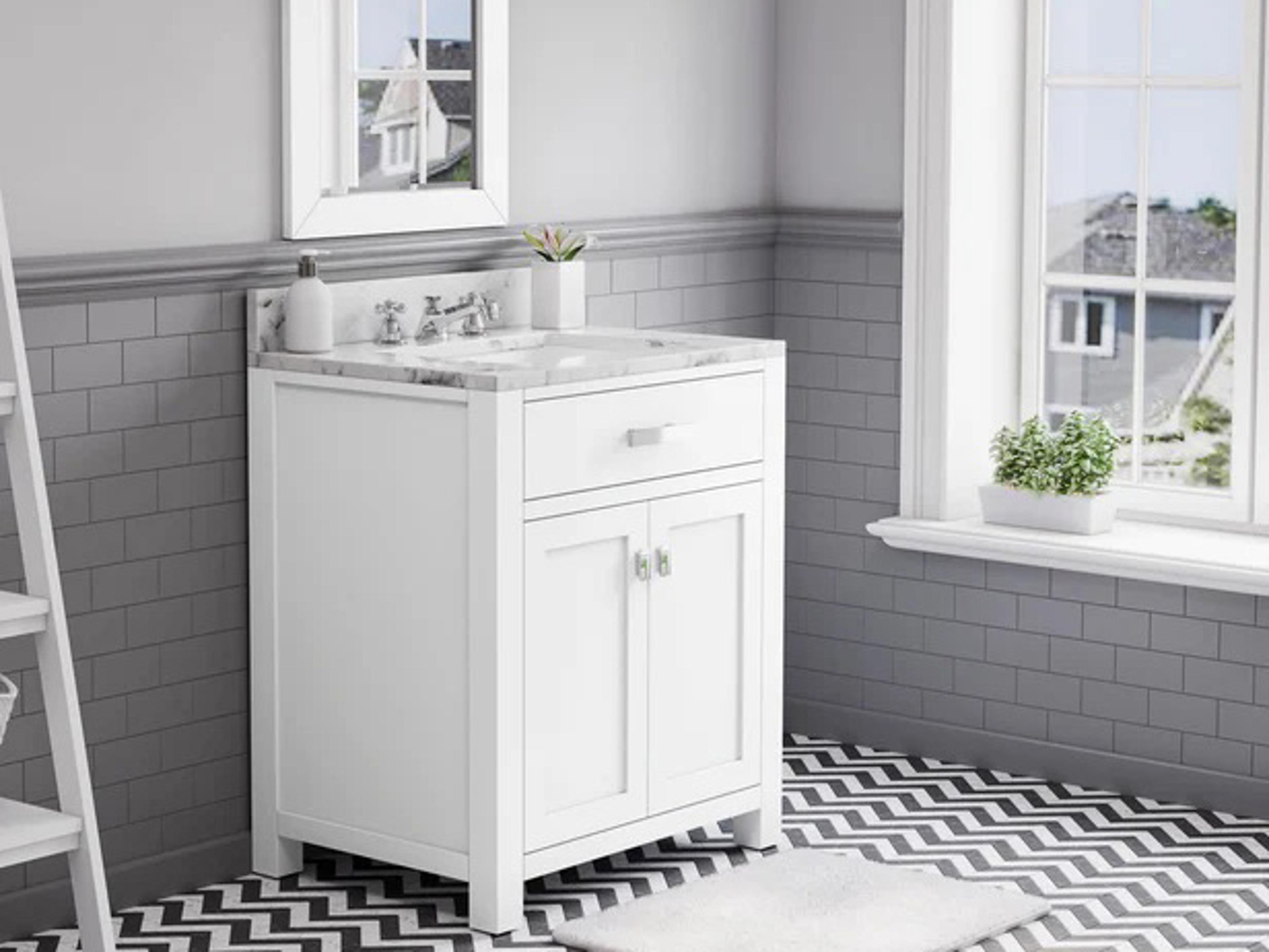 Water Creation Madison Single Sink Carrara White Marble Countertop Bath Vanity in Pure White with Chrome Hardware, Classic Faucet