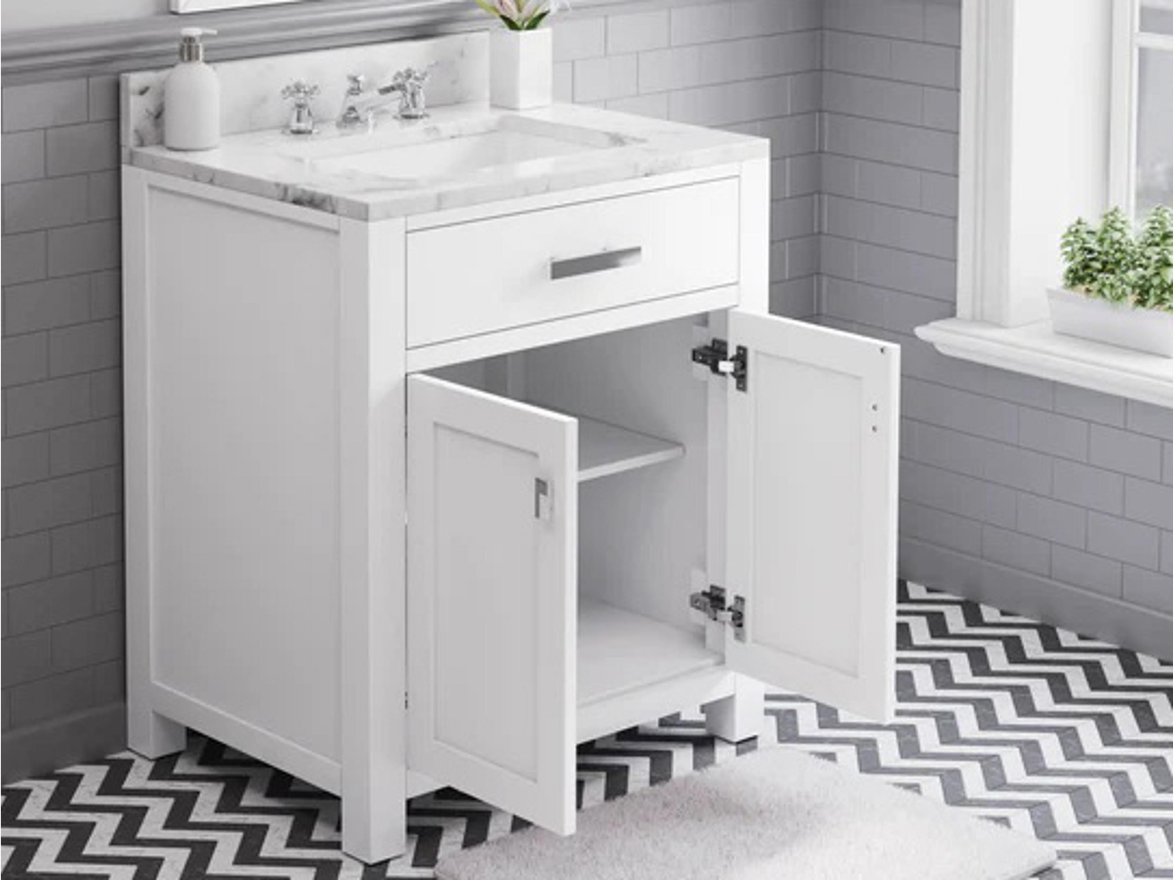 Water Creation Madison Single Sink Carrara White Marble Countertop Bath Vanity in Pure White with Chrome Hardware, Classic Faucet