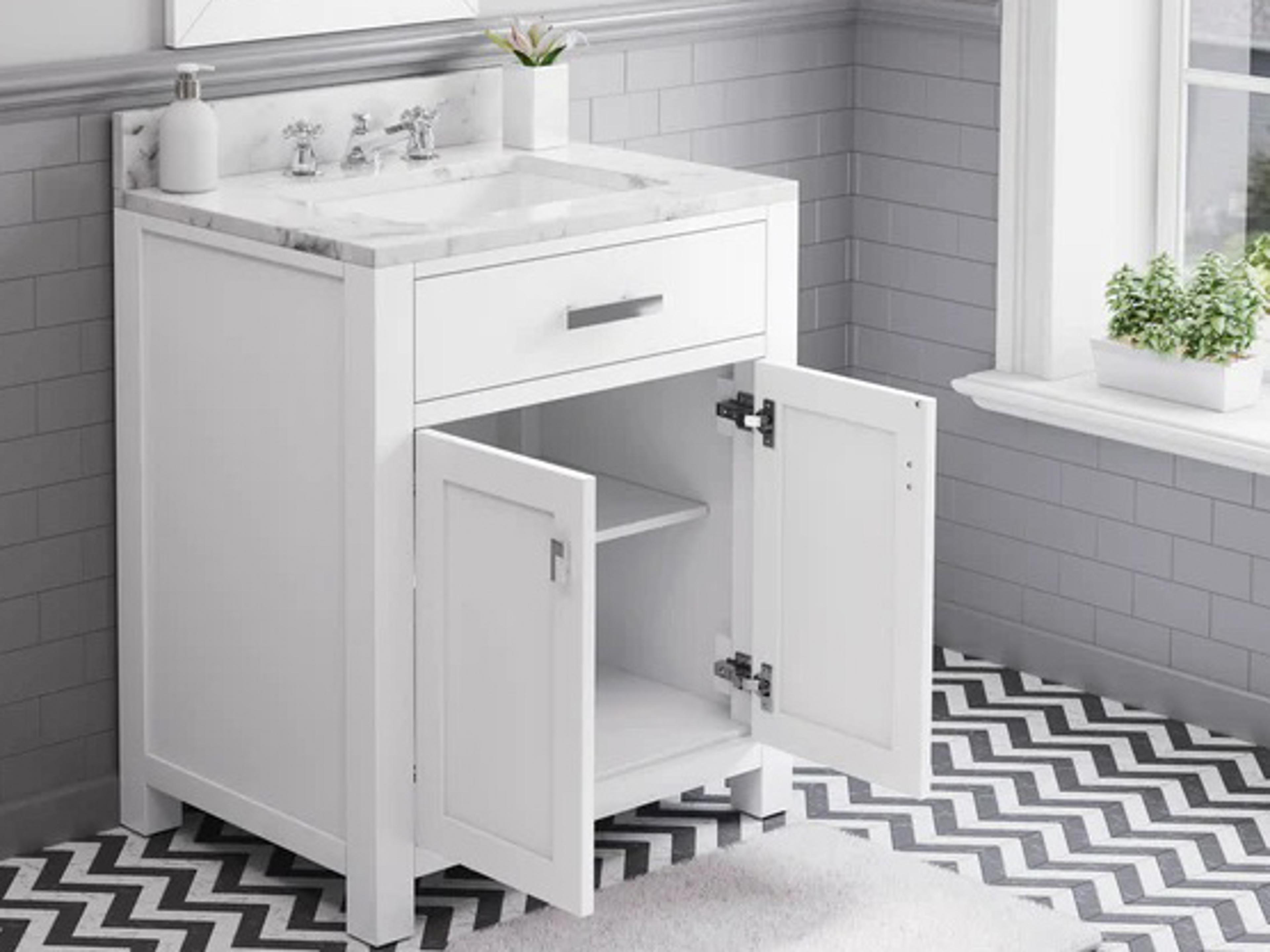 Water Creation Madison Single Sink Carrara White Marble Countertop Bath Vanity in Pure White with Rectangular Mirror (S)